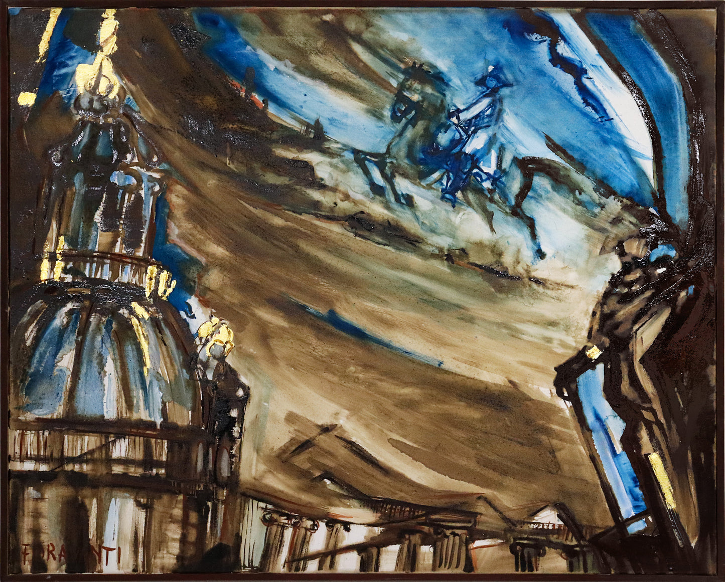 Original Öl-Malerei von Carla Fioravanti, Titel "Preußisch Blau I" . Expressive Malweise in Blau und Brauntönen, teilweise lasierend, teilweise skizzenhafte starke Striche. Darstellung Friedrichs des Großen mit Dreispitz-Hut, auf Pferd sitzend, im Himmel reitend. Darunter Nikolaikirche, Säulenkapitelle und Statue Friedrichs des Großen. Öl, Teer, Gold auf Leinwand, erhältlich bei Galerie Waldbach - What The Artist Made