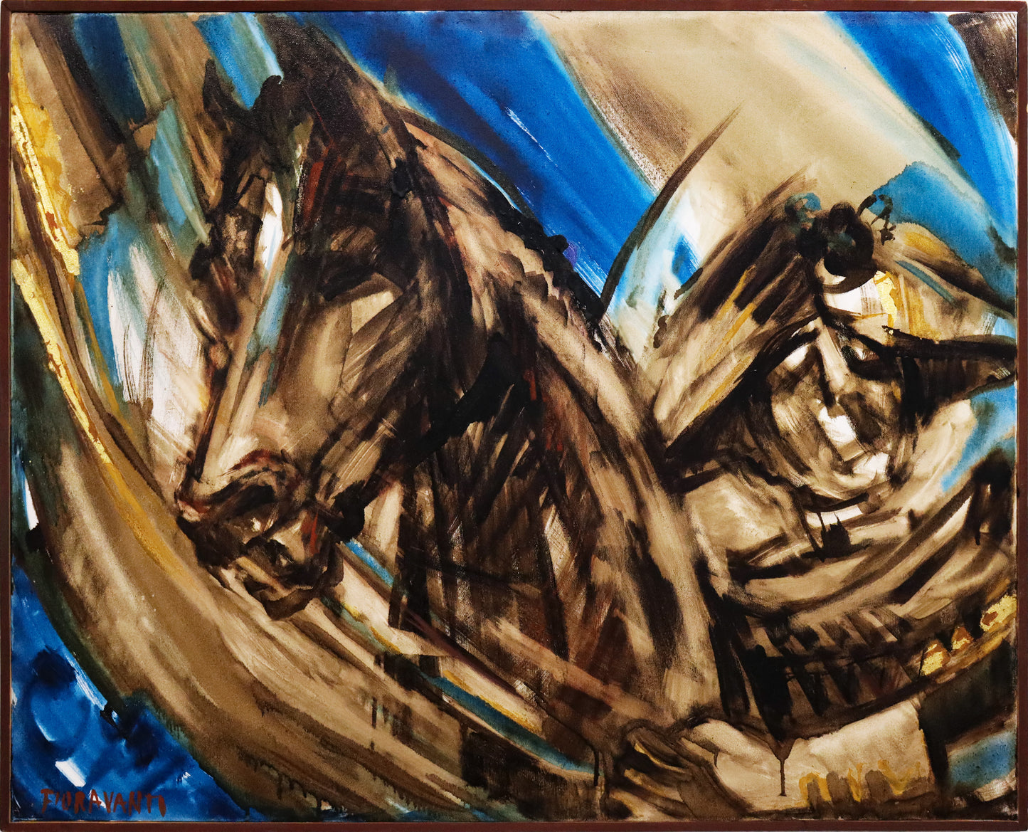Original Öl-Malerei von Carla Fioravanti, Titel "Preußisch Blau II" . Expressive Malweise in Blau und Brauntönen, teilweise lasierend, teilweise skizzenhafte starke Striche. Darstellung Friedrichs des Großen mit Dreispitz-Hut, auf Pferd sitzend, beide im Porträt, Pferd nur Kopf und Hals sichtbar. Öl, Teer, Gold auf Leinwand, erhältlich bei Galerie Waldbach - What The Artist Made