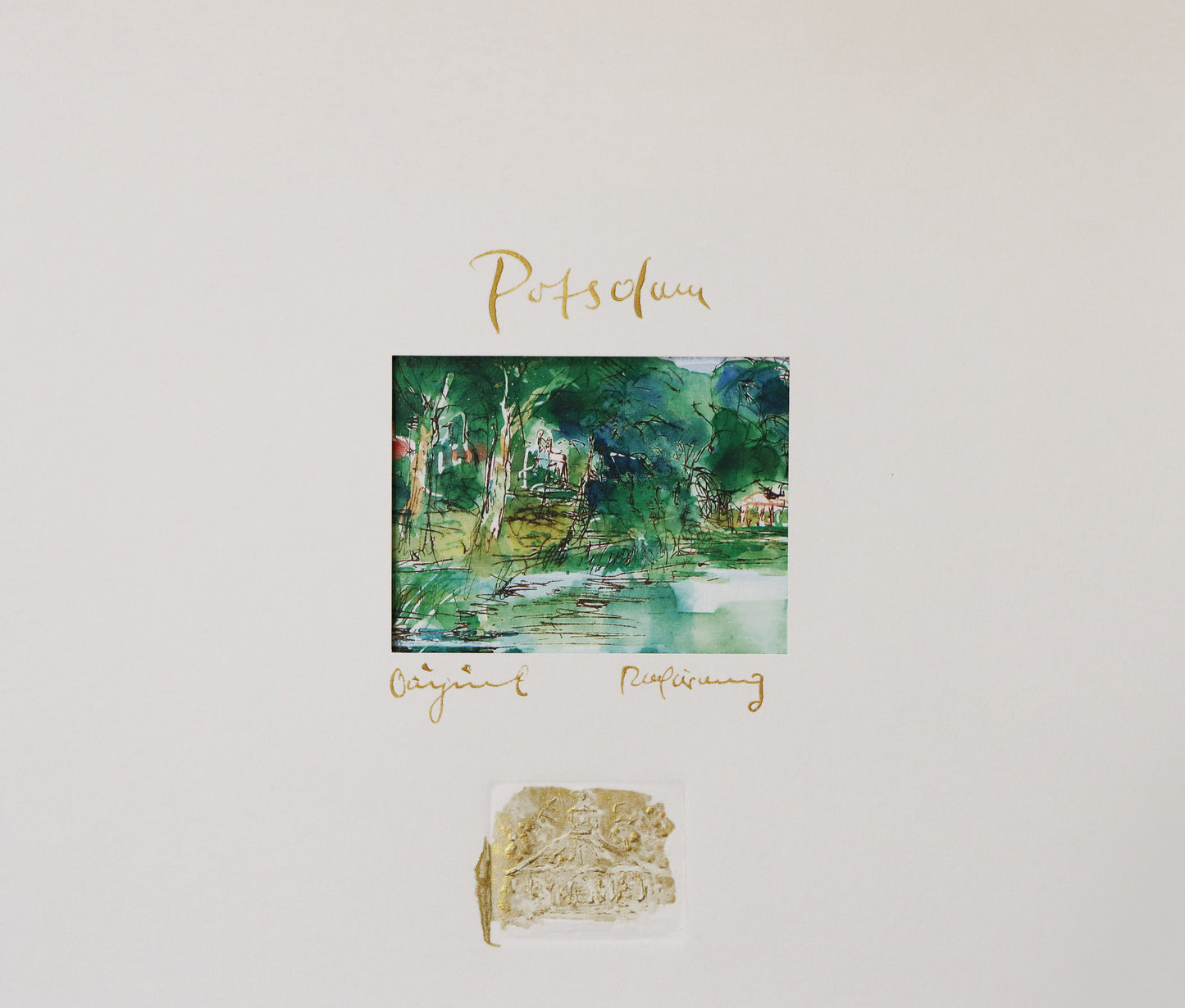 Digitaldruck, signiert von Christian Heinze, Titel „Heiliger See“ – Ansicht Passepartout mit goldfarbener Kalligrafie "Potsdam" und "Original Radierung" sowie Prägestempel . Erhältlich bei Galerie Waldbach - What The Artist Made