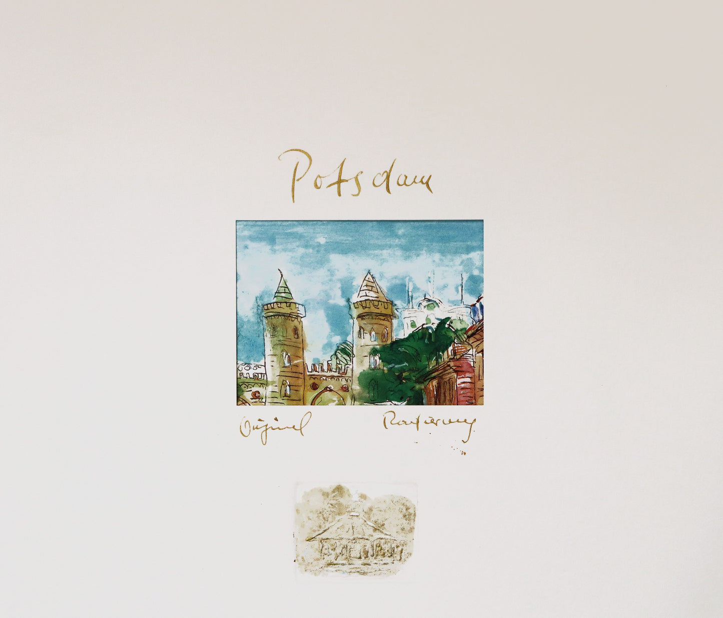 Digitaldruck, signiert von Christian Heinze, Titel „Potsdam“ – Ansicht Passepartout mit goldfarbener Kalligrafie "Potsdam" und "Original Radierung" sowie Prägestempel . Erhältlich bei Galerie Waldbach - What The Artist Made