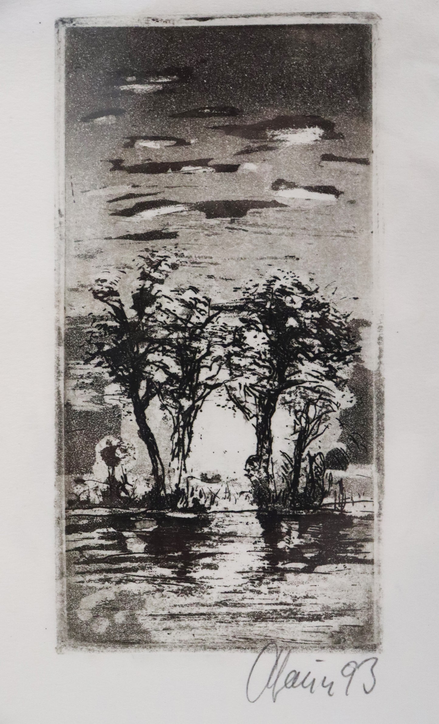 Radierung von Christian Heinze, Titel "Abendsonne" – Radierung auf Büttenpapier mit Büttenrand. Detailansicht. Erhältlich bei Galerie Waldbach - What The Artist Made