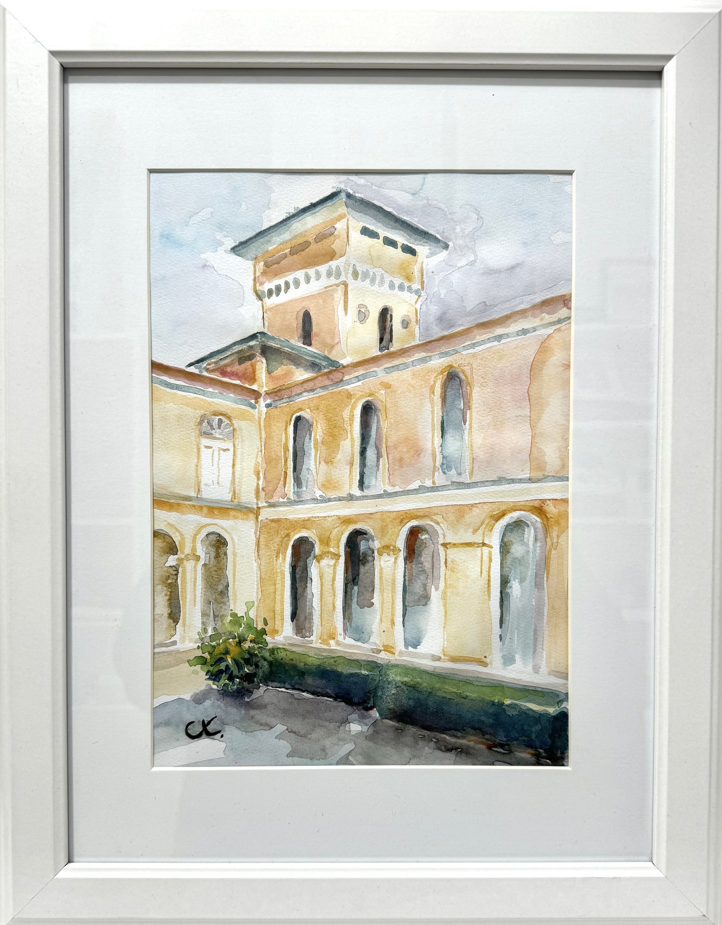 Original Aquarell-Malerei, Gemälde von Corina Kroh, Titel „Innenhof Friedenskirche“ – Stadtansicht, Architektur, historische barocke Ansicht, Potsdam, Kirche, Aquarell auf Papier, erhältlich bei Galerie Waldbach - What The Artist Made