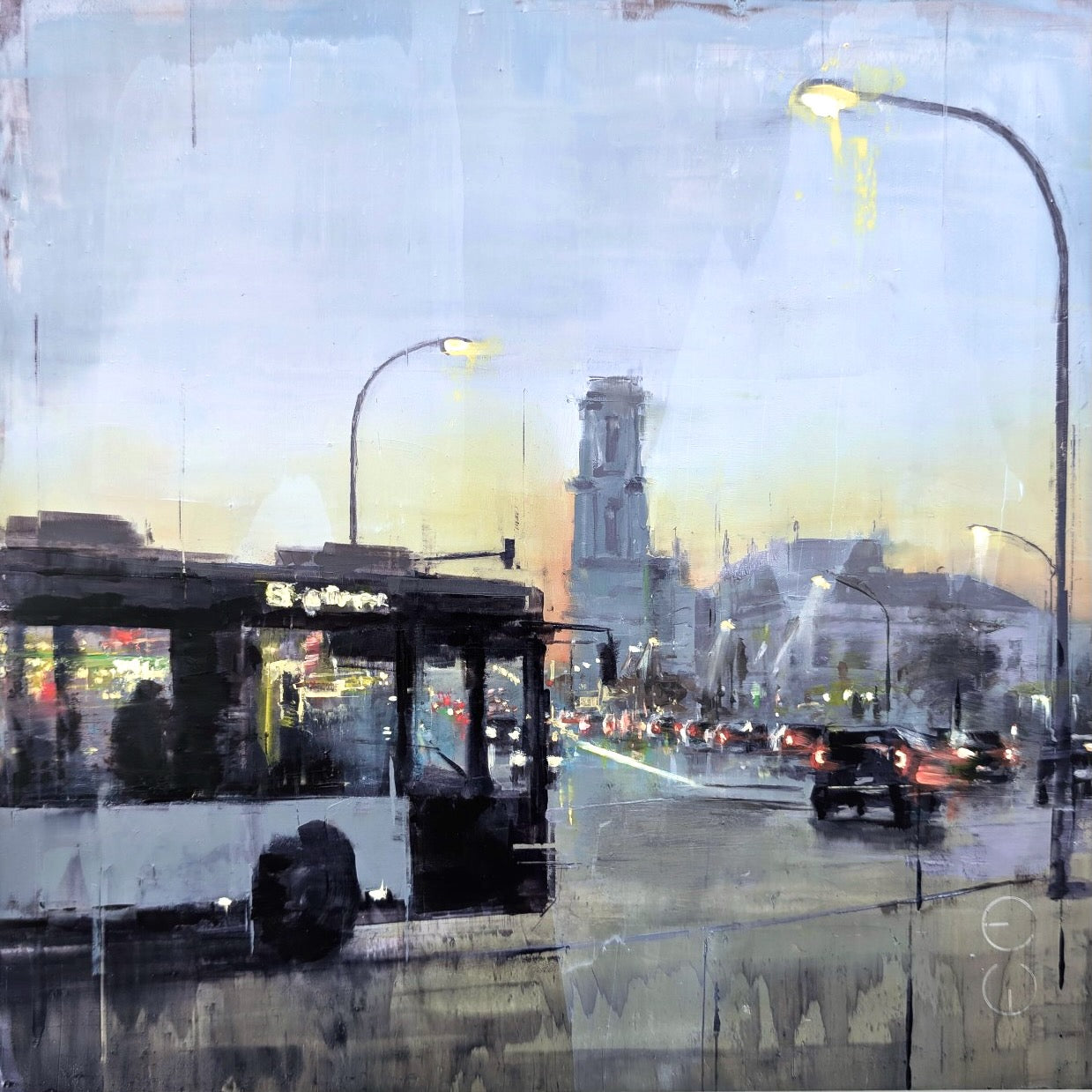 Original Öl-Malerei von Eduard Warketin, Titel "POTSDAM_26_01: Breite Straße". Impressive moderne Darstellung der Potsdamer Innenstadt. Blick vom Landtag zur Breiten Straße, Ein Bus fährt von links ins Bild, weitere Fahrzeuge schemenhaft im Hintergrund. Öl auf Dibond, erhältlich bei Galerie Waldbach - What The Artist Made