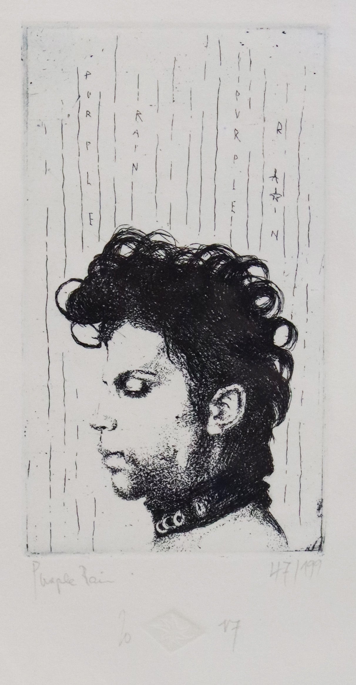 Original Radierung von Frank Lindenberg, Titel: "Purple Rain". Porträt in Profil/Seitenansicht von Prince, Detailansicht, Radierung auf Karton, erhältlich bei Galerie Waldbach - What The Artist Made