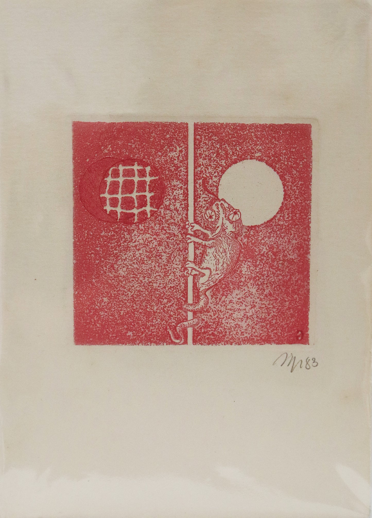 Radierung von Gottfried Höfer, Titel "Chamäleon" auf Büttenpapier mit Büttenrand. Darstellung eines Chamäleons, heraufkletternd an einem Zweig o.ä. . Rechts ist ein weißer Kreis, links ein dunkler, vermutlich ein Fenster. In Rottönen. Unterhalb der Radierung Signatur und Jahreszahl 83. Erhältlich bei Galerie Waldbach - What The Artist Made