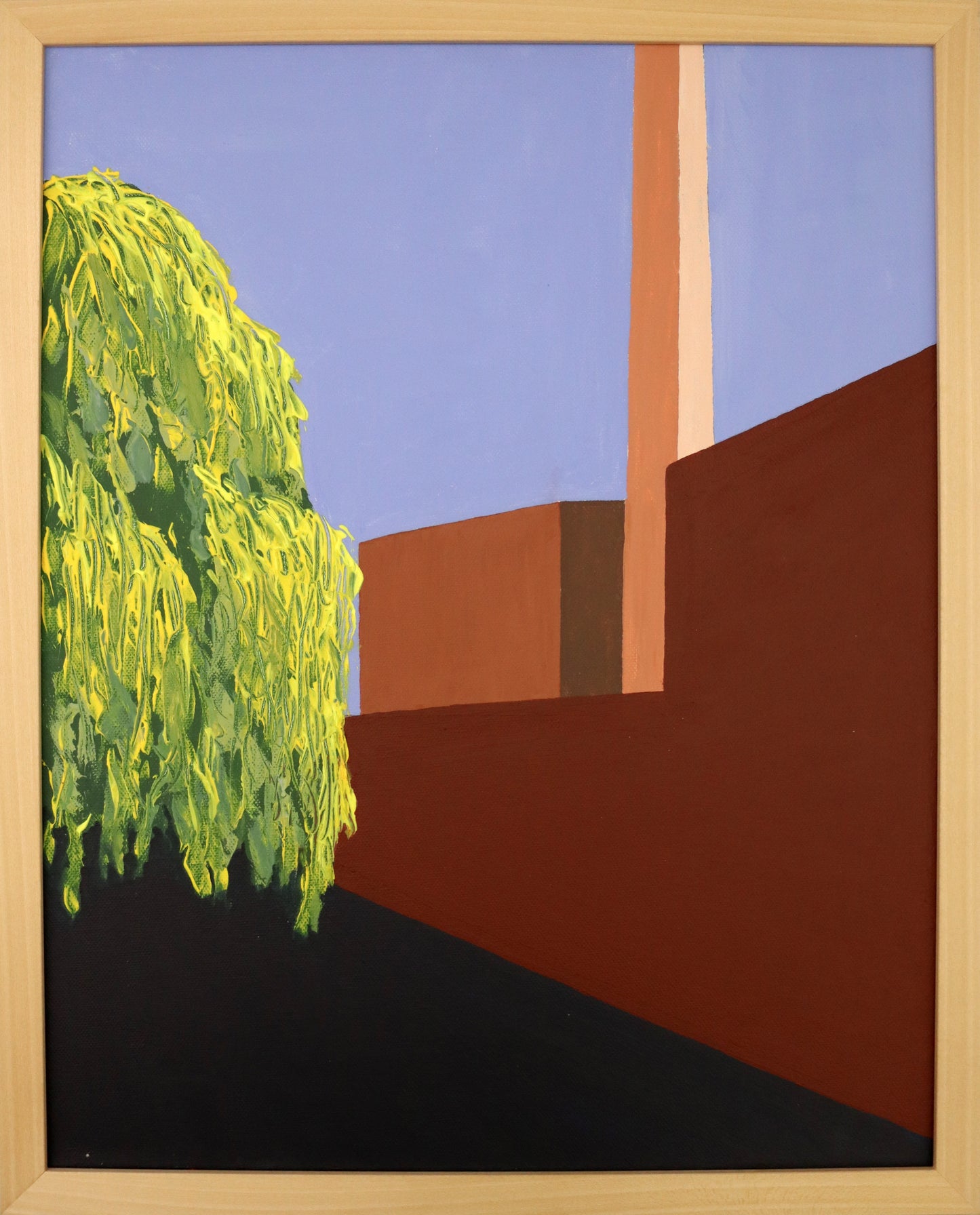 Original Acryl-Malerei, Gemälde von Dr. Leonhard Tomczyk, Titel „Berlin 1 - Wedding im Sommer“ – reduziert formale Ansicht einer Straße, Hof in Berlin mit Weidenbaum, Schornstein im Hintergrund, Acryl auf Leinwand, erhältlich bei What The Artist Made