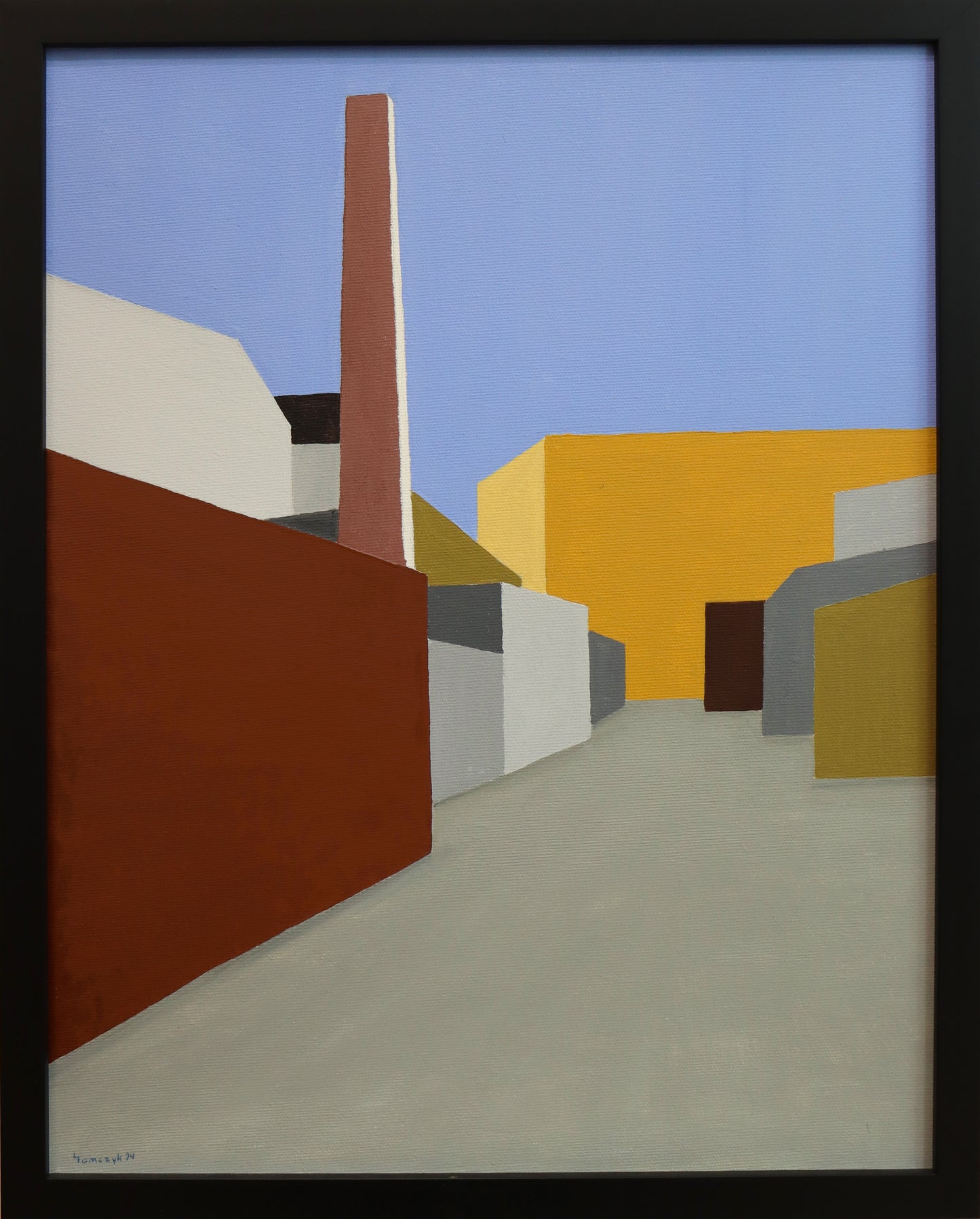Original Acryl-Malerei, Gemälde von Dr. Leonhard Tomczyk, Titel „Berlin 2 - Wedding im Winter“ – reduziert formale Ansicht einer Straße, Hof in Berlin, Schornstein im Hintergrund, Acryl auf Leinwand, erhältlich bei Galerie Waldbach - What The Artist Made