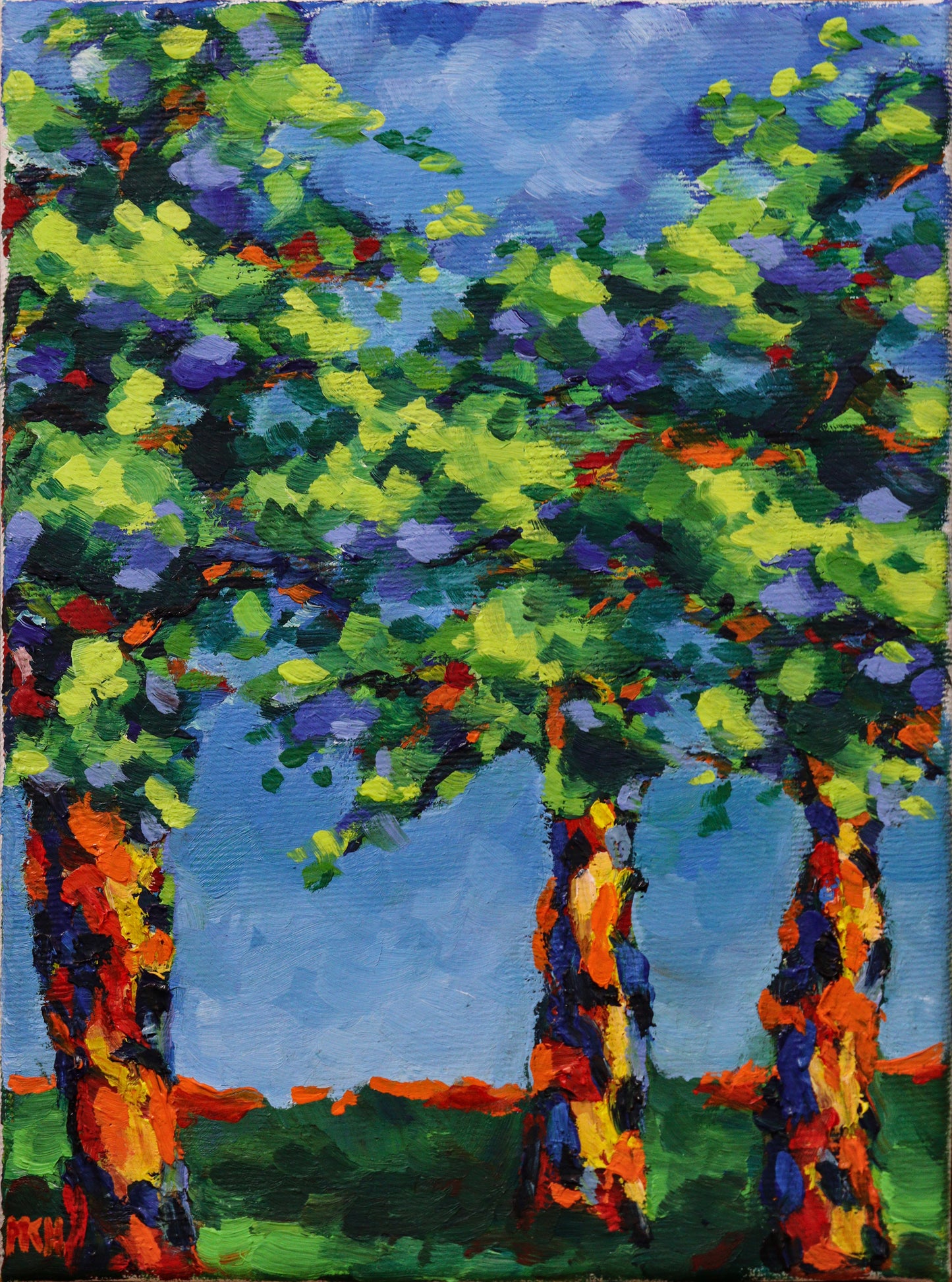 Original Öl-Malerei von Matthias Inselsberger, Titel "Frühling" . Impressionistische Darstellung von drei Bäumen, mit grüner Blätterkrone. In Blau, Cyan, Rot, Orange, impressionistische bis pointilistische Malweise. Landschaft durch Wiese angedeutet. Öl auf Leinwand, erhältlich bei Galerie Waldbach - What The Artist Made