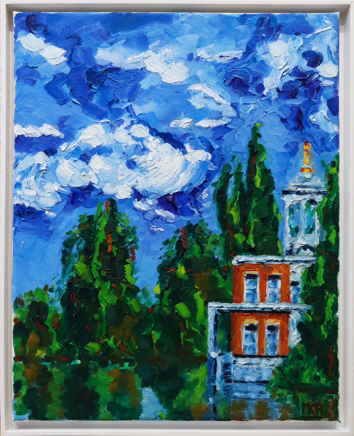 Original Öl-Malerei von Matthias Inselsberger, Titel "Marmorpalais VII" . Impressionistische Parklandschaft mit Blick auf einen Teil des Marmorpalais im Neuen Garten in Potsdam, mit Sicht auf die Kuppel. Spiegelungen der Szenerie auf dem Wasser, im Vordergrund. Öl auf Leinwand, erhältlich bei Galerie Waldbach - What The Artist Made