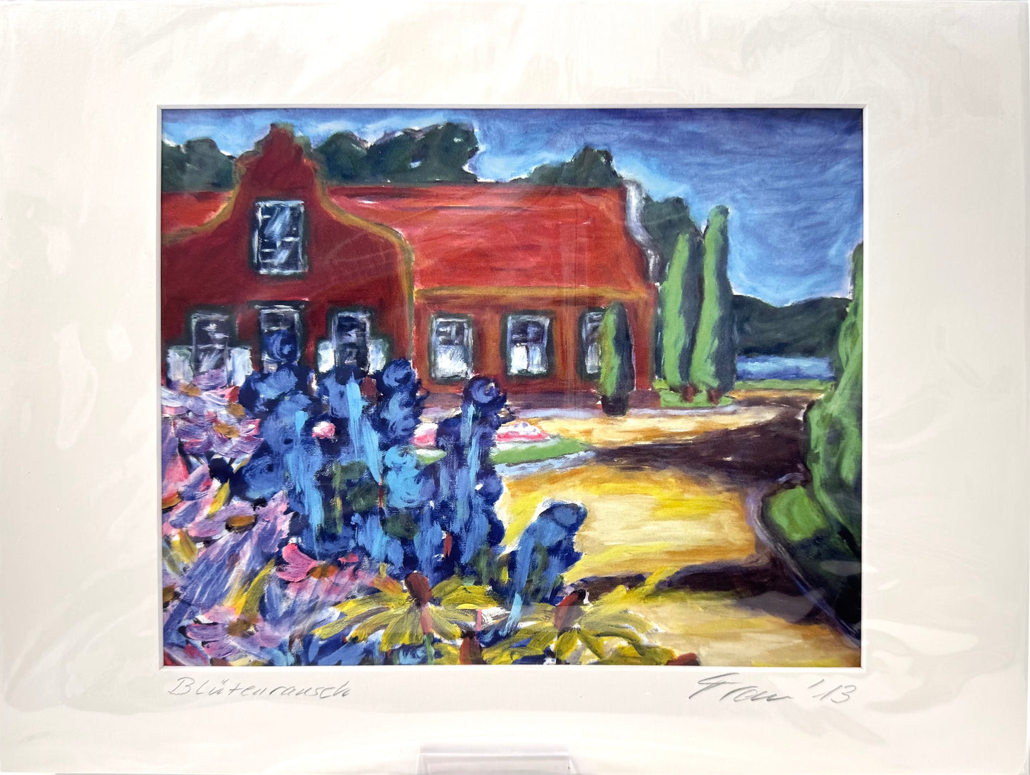 Druck, handsigniert von Ute Manoloudakis, Titel „Blütenrausch“ – impressionistischer Blick zum Holländischen Etablissement, Blüten im Vordergrund, Parklandschaft . Potsdam, historische Architektur. Im Passepartout - erhältlich bei What The Artist Made