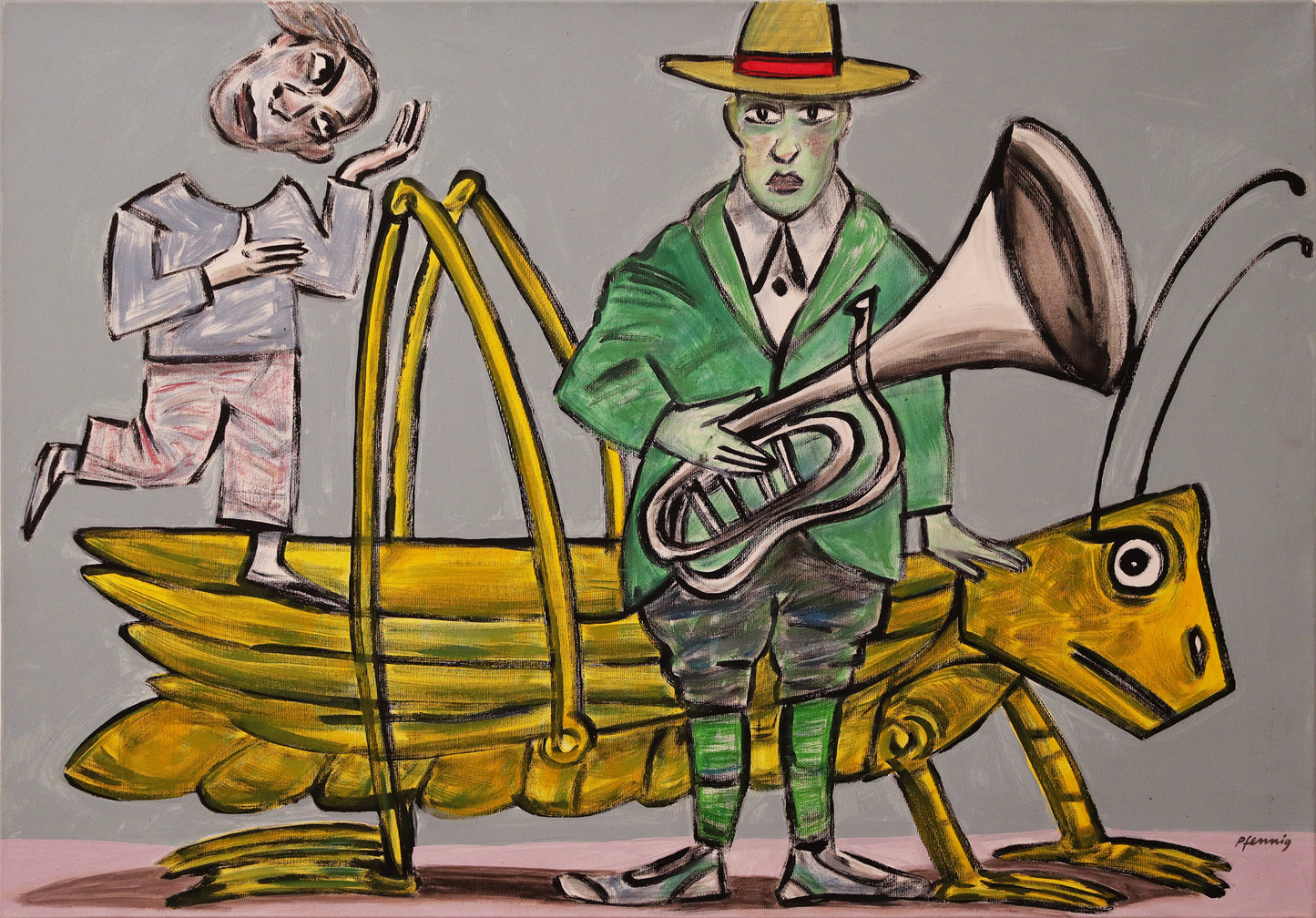 Original Acrylmalerei von Wolf-Dieter-Pfennig, Titel „Sanssouci“ – expressive Darstellung eines Mannes mit Tenorhorn in der Hand, die andere Hand liegt auf einer riesigen Heuschrecke. Dahinter auf der Heurschrecke stehend eine weitere Person, die ihren Kopf jongliert. Hintergrund in graugrün, Heuschrecke in gelb. Acryl auf Leinwand, signiert, erhältlich bei Galerie Waldbach, What the Artist Made