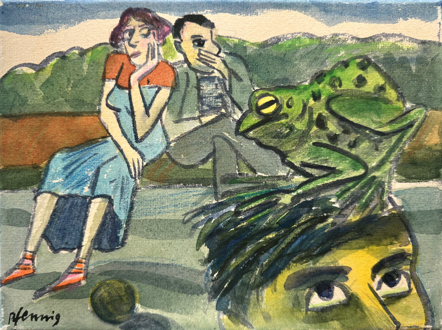 Original Acryl-Malerei, Gemälde von Wolf-Dieter-Pfennig, Titel „Der Frosch denkt nach“ – expressive Darstellung: im Vordergrund Kopf eines Mannes mit Frosch darauf. Dahinter Frau und Mann sitzend, nachdenklich wirkend - Andeutung einer Landschaft im Hintergrund - Acryl auf Leinwand, erhältlich bei What The Artist Made