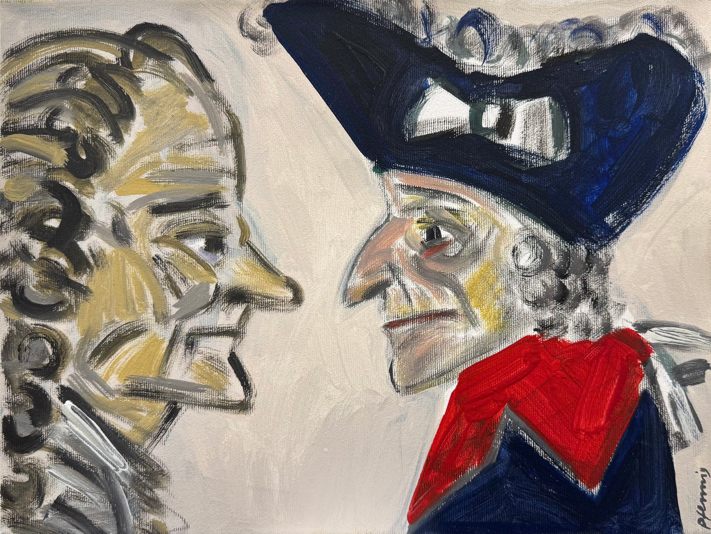 Original Acryl-Malerei, Gemälde von Wolf-Dieter-Pfennig, Titel „Er setzt Europa in Erstaunen und überschwemmt es mit Blut, macht es arm und macht Verse dazu. Voltaire“ – expressives Porträt vom Preußenkönig Friedrich II und Voltaire in Profilansicht, beide sich gegenüberstehend - Monochromer Hintergrund in hellem Grau, Acryl auf Leinwand, erhältlich bei What The Artist Made