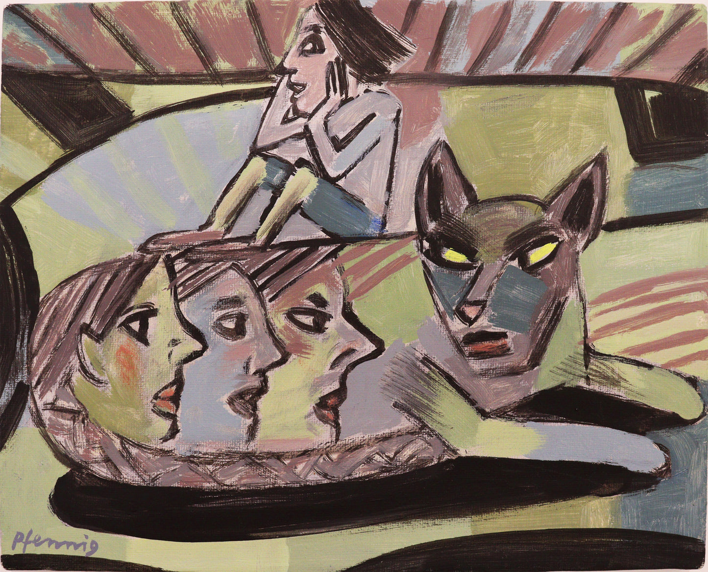 Original Acryl-Malerei, Gemälde von Wolf-Dieter-Pfennig, expressive Darstellung einer Katze, in deren Fell 3 Gesichter in Seitenprofil sind. Auf der Katze sitzt eine Person, den Kopf auf die Hände stützend. Gedeckte Farben, abstrakter Hintergrund - Acryl auf Leinwand, erhältlich bei Galerie Waldbach - What The Artist Made