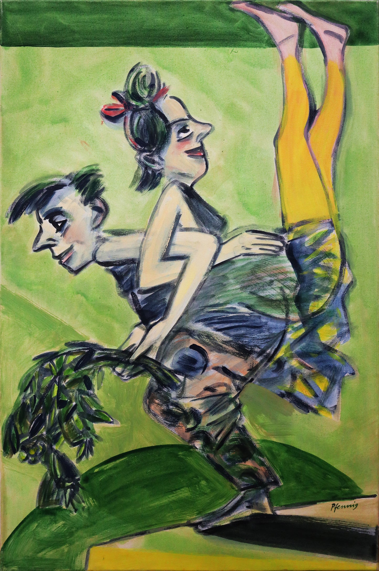 Original Acryl-Malerei, Gemälde von Wolf-Dieter-Pfennig, Titel „Nur eine Übung“ – expressive Darstellung: Artistenpaar - Mann steht hockend und hält Zweige, Frau auf seinem Rücken liegend, die Beine in einer gelben Leggins nach oben gestreckt, grüner Hintergrund - Acryl auf Leinwand, erhältlich bei Galerie Waldbach - What The Artist Made