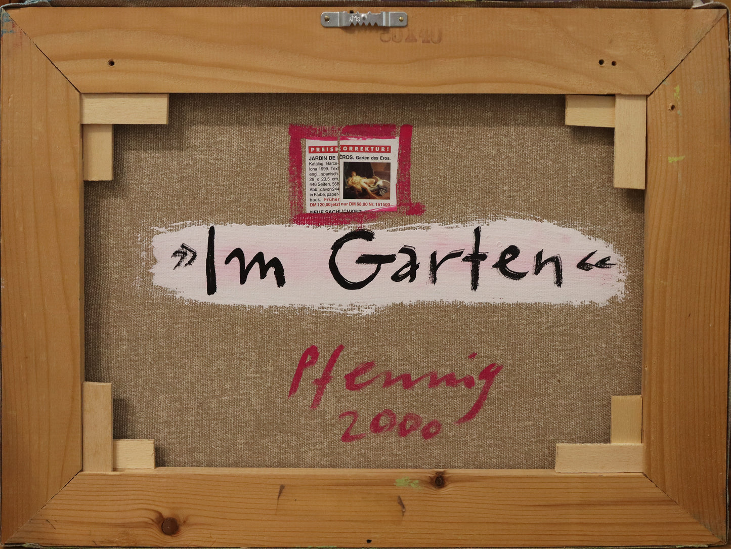 Original Acrylmalerei von Wolf-Dieter-Pfennig, Titel „Im Garten“ – Ansicht edr Rückseite, mit Beschriftung von Titel, Signatur und Jahreszahl 2000. Acryl auf Leinwand, signiert, erhältlich bei Galerie Waldbach, What the Artist Made