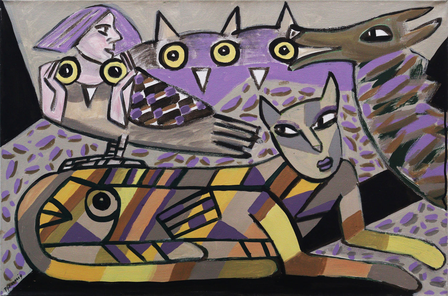 Original Acrylmalerei von Wolf-Dieter-Pfennig, Titel „Nächtliche Beobachter“ – expressive Darstellung einer Katze, liegend, bunt gestreiftes, gemustertes Fell. Dahinter Andeutung zweier Eulen, einer Frau, die ein paar Augen hält neben den Augen der Eulen. Rechts Kopf eines Hundes oder Wolfs, seitlich ins Bild schauend. In Violett, Ocker, Schwarz und Grau. Acryl auf Leinwand, signiert, erhältlich bei Galerie Waldbach, What the Artist Made