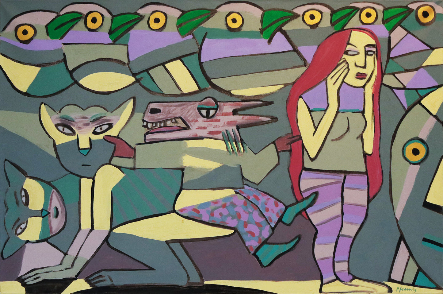 Original Acrylmalerei von Wolf-Dieter-Pfennig, Titel „Die unglückliche Ornithologin“ – expressive Darstellung einer Frau mit langen roten Haaren, stehend, das Gesicht in den Händen haltend, neben sich schauend. Eine Figur mit Drachenkopf sitzt auf einer katzenartigen Figur, im Hintergrund Vögel. In violett, Schwarz, graustufen, gelb, rot, rosa. Acryl auf Leinwand, signiert, erhältlich bei Galerie Waldbach, What the Artist Made