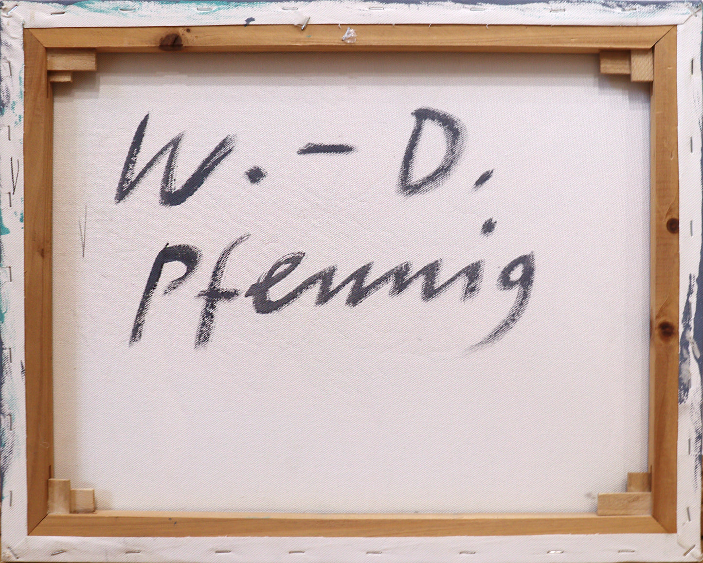 Original Acrylmalerei von Wolf-Dieter-Pfennig, ohne Titel – Ansicht der Rückseite mit Signatur „W.-D. Pfennig“ auf die Leinwandrückseite geschrieben. Acryl auf Leinwand, signiert, erhältlich bei Galerie Waldbach, What the Artist made