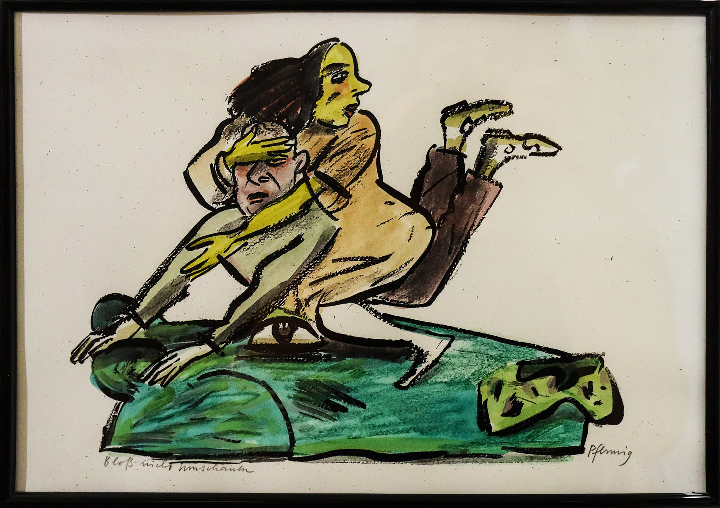 Original Mixed-Media-Malerei von Wolf-Dieter-Pfennig, Titel „Bloß nicht hinschauen“ – expressive Darstellung einer Frau, auf einem Mann sitzend. Sie verdeckt mit ihrer Hand seine Augen. Beide sitzen auf einem grünen Raubtierkopf, Leopard oder ähnlich. Mixed Media auf Papier, signiert, erhältlich bei Galerie Waldbach, What the Artist Made