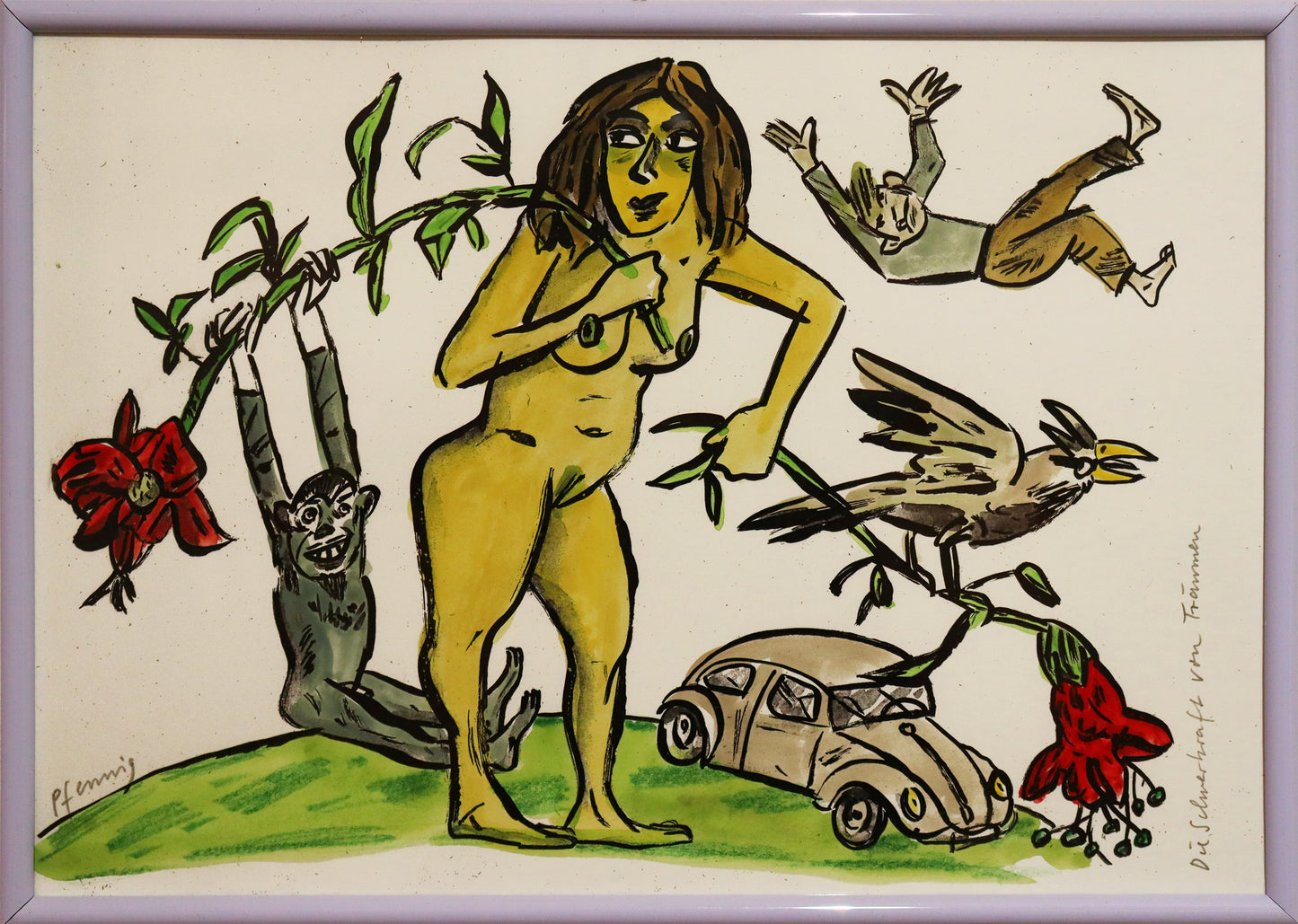 Original Mixed-Media-Malerei von Wolf-Dieter-Pfennig, Titel „Die Schwerkraft von Träumen“ – expressive Darstellung einer unbekleideten Frau, stehend, in beiden Händen große Blumen haltend. An einem Blumenstängel hängt ein Affe, auf dem anderen sitzt ein Vogel. Im Hintergrund fällt ein Mann herunter in Richtung eines stehenden Autos. Mixed Media auf Papier, signiert, erhältlich bei Galerie Waldbach, What the Artist Made