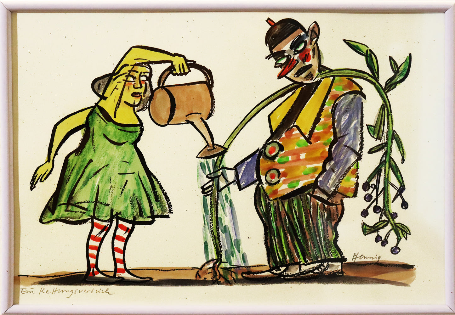 Original Mixed-Media-Malerei von Wolf-Dieter-Pfennig, Titel „Ein Rettungsversuch“ – expressive Darstellung einer Frau, eine Gießkanne hochhaltend. Rechts von ihr ein Clown, der die zu wässernde Pflanze hält, mit den Schultern stützt. Mixed Media auf Papier, signiert, erhältlich bei Galerie Waldbach, What the Artist Made