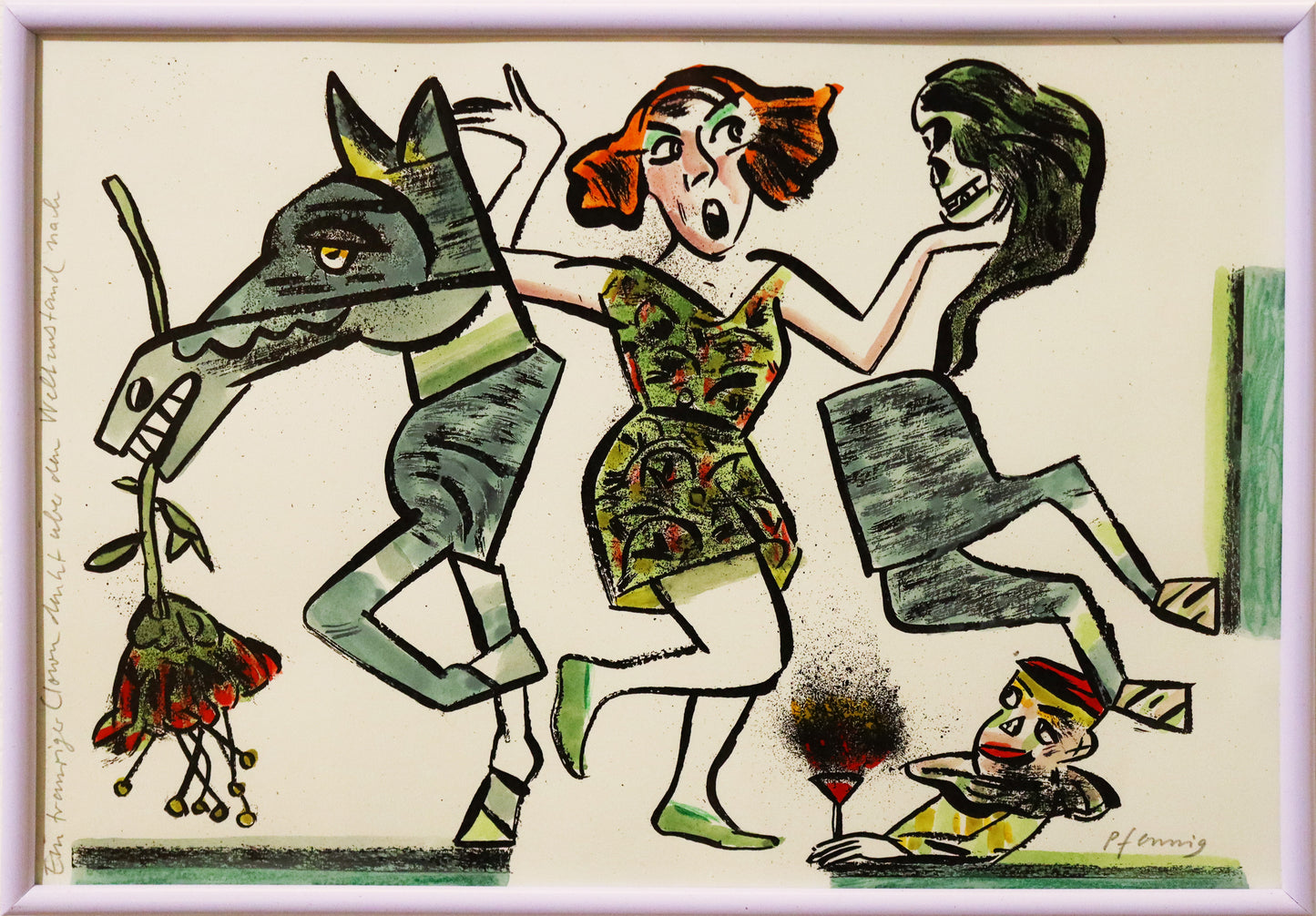 Original Mixed-Media-Malerei von Wolf-Dieter-Pfennig, Titel „Ein trauriger Clown denkt über den Weltzustand nach“ – expressive Darstellung einer Frau im Kleid, zwischen zwei Hälften eines Pferdes stehend, in einer Hand einen Schädel haltend. Ein Clown beobachtet die Szene. Mixed Media auf Papier, signiert, erhältlich bei Galerie Waldbach, What the Artist Made