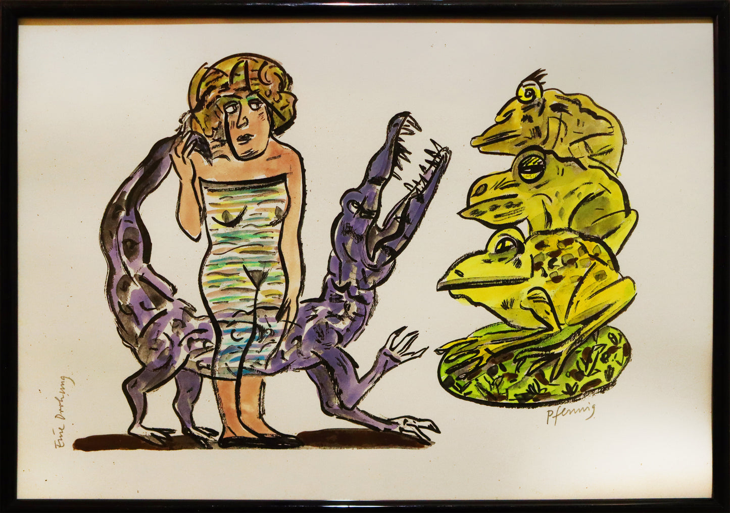 Original Mixed-Media-Malerei von Wolf-Dieter-Pfennig, Titel „Eine Drohung“ – expressive Darstellung einer Frau stehend, den Schwanz eines Krokodils/Alligators in der Hand haltend, welches hinter ihr steht. Daneben 3 Kröten/Frösche übereinander stehend. Krokodil in violett, Frösche in Gelb. Mixed Media auf Papier, signiert, erhältlich bei Galerie Waldbach, What the Artist Made