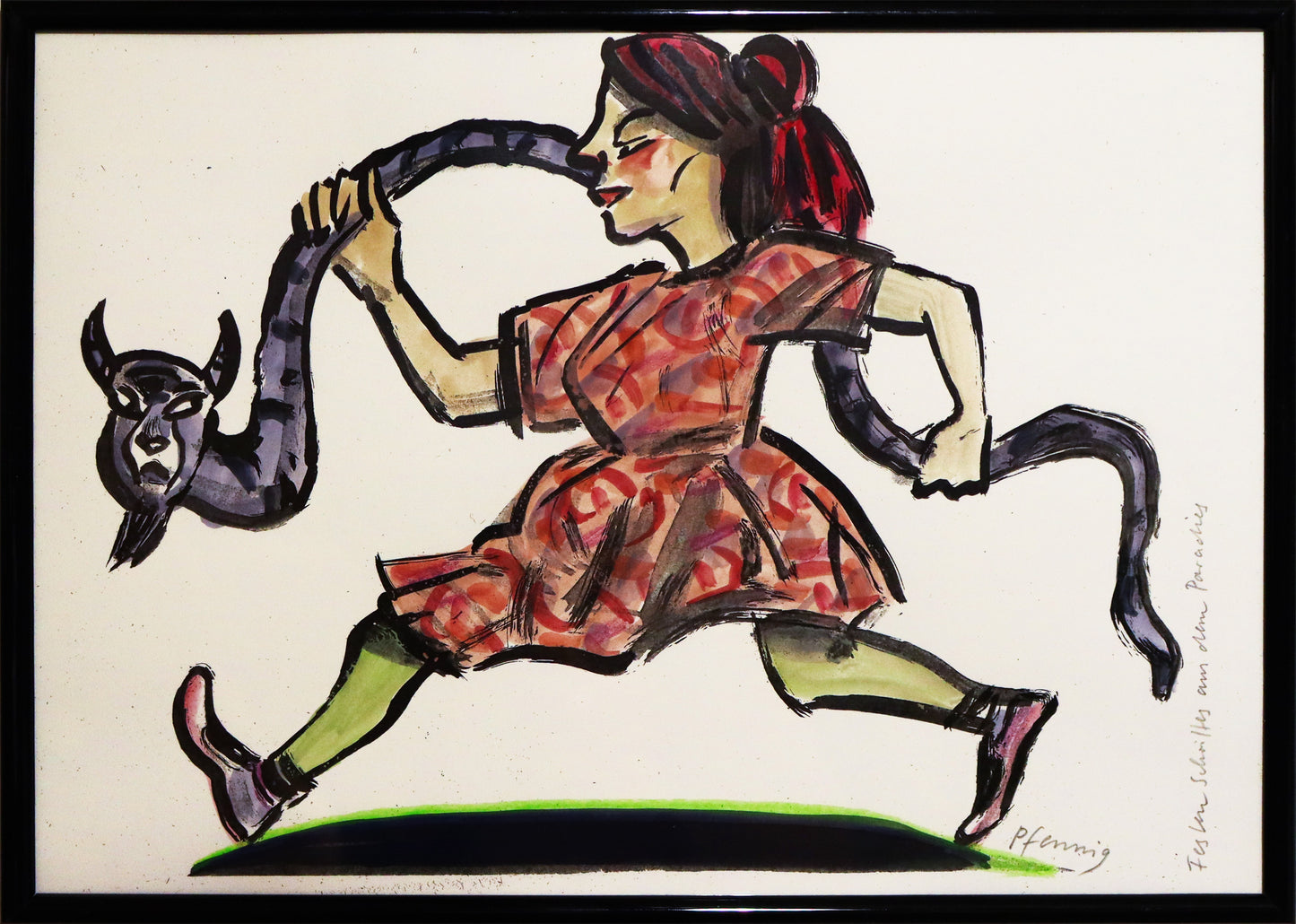 Original Mixed-Media-Malerei von Wolf-Dieter-Pfennig, Titel „Festen Schrittes aus dem Paradies“ – expressive Darstellung einer Frau, seitlich schnell laufend. Mit beiden Händen hält sie eine Schlage mit menschlichem Gesicht fest. Frau in rotem Kleid, Schlange in dunkelviolett. Mixed Media auf Papier, signiert, erhältlich bei Galerie Waldbach, What the Artist Made