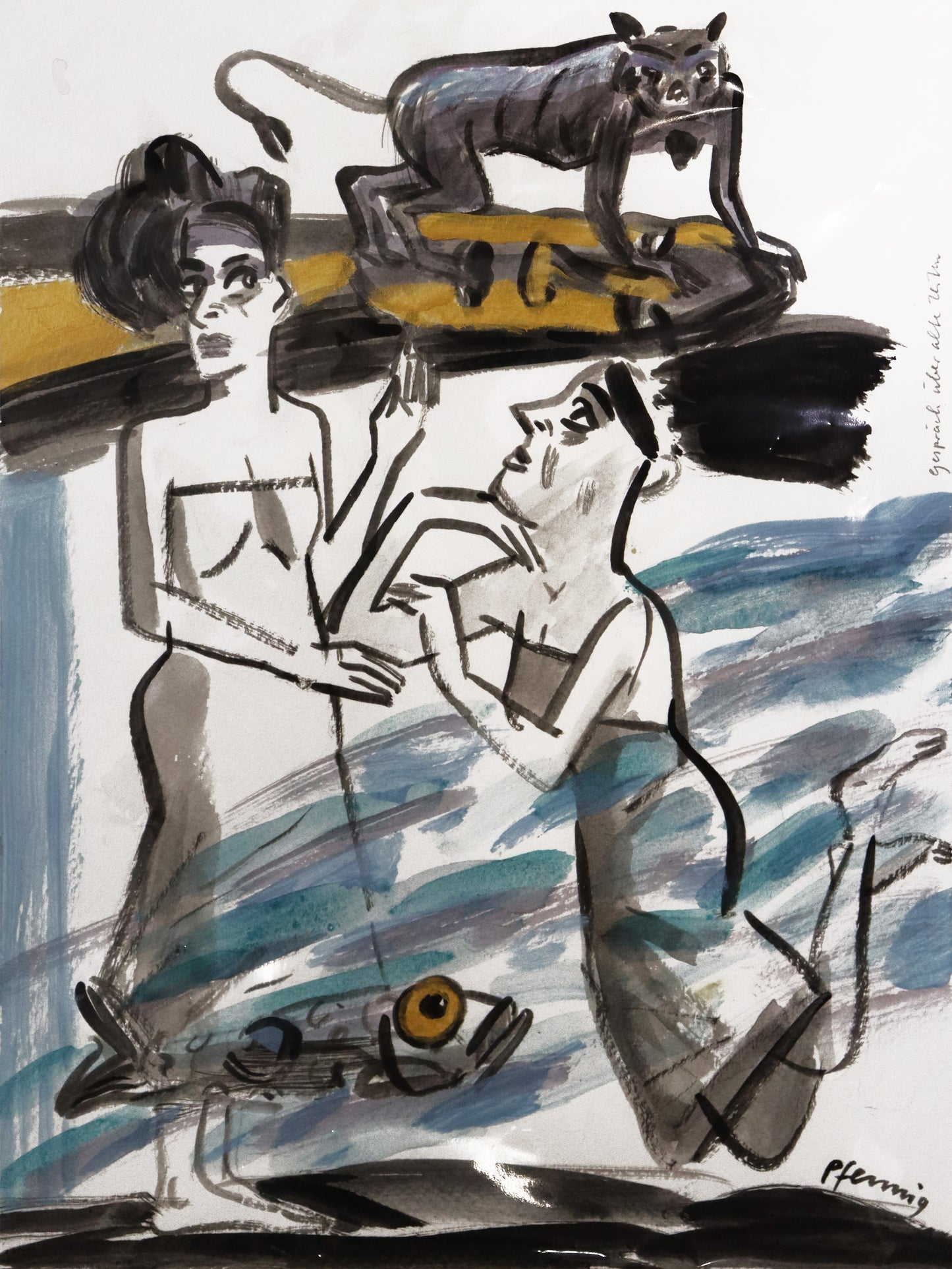 Original Mixed-Media-Malerei von Wolf-Dieter-Pfennig, Titel: „Gespräch über alte Zeiten“– expressive Darstellung zweier Frauen im Wasser, mit einem Fisch, dahinter ein Tier an Land, vermutlich ein Affe. Mixed Media auf Papier, signiert, erhältlich bei Galerie Waldbach - What The Artist Made