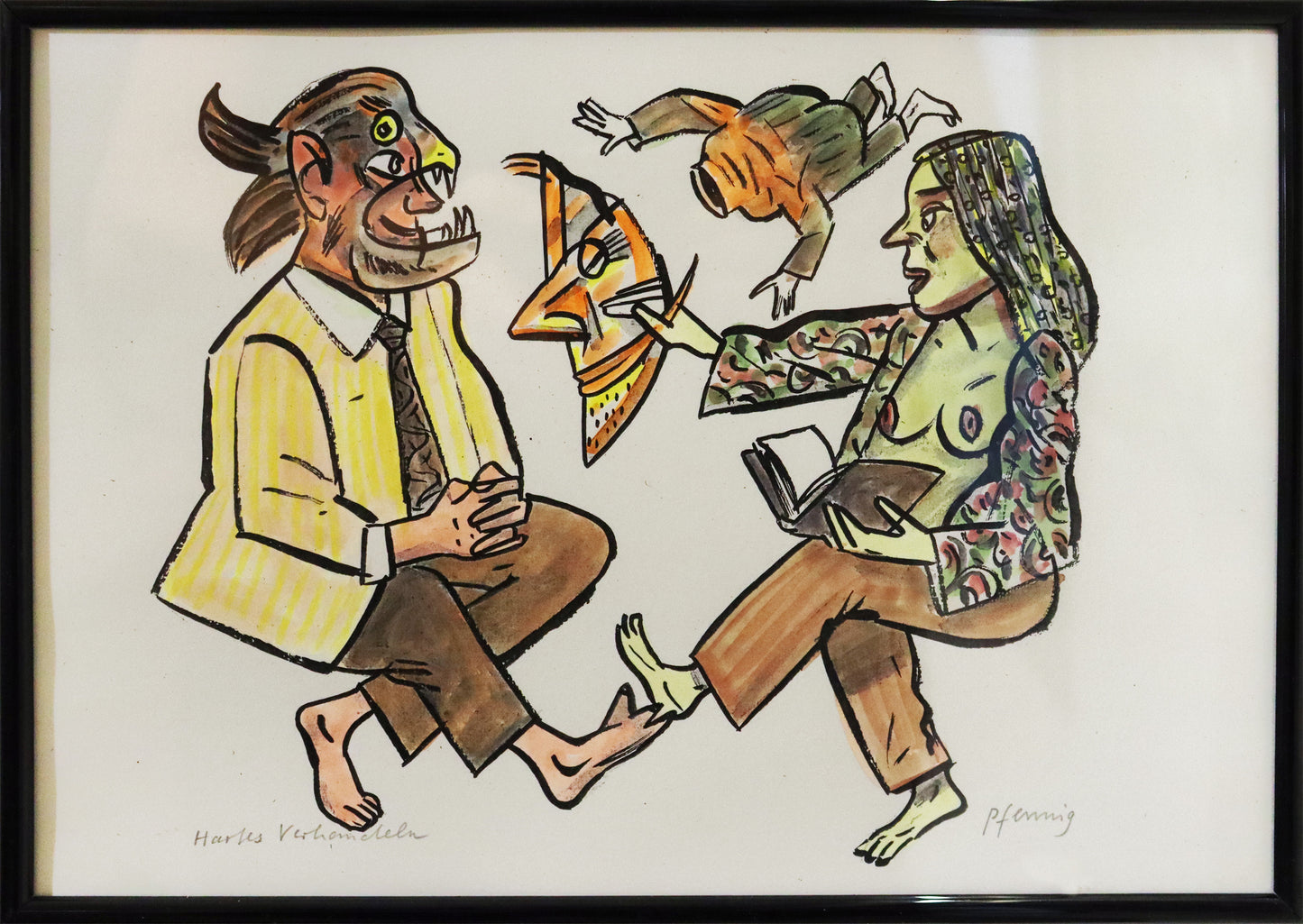 Original Mixed-Media-Malerei von Wolf-Dieter-Pfennig, Titel „Hartes Verhandeln“ – expressive Darstellung einer Frau, mit geöffnetem Hemd sitzend, ein Buch auf ihrem Schoß. Sie hält eine Maske, ihr gegenüber sitzt ein Mann, mit Tiermaske, die Hände verschränkt, lächelnd. Mixed Media auf Papier, signiert, erhältlich bei Galerie Waldbach, What the Artist Made
