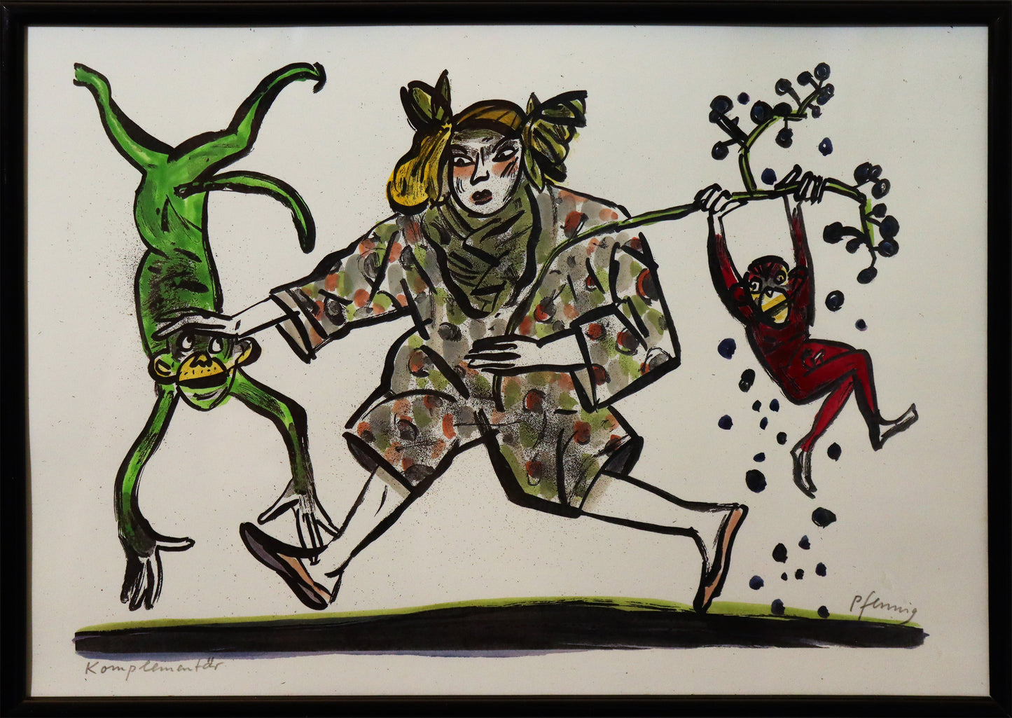 Original Mixed-Media-Malerei von Wolf-Dieter-Pfennig, Titel „Komplementär“ – expressive Darstellung einer Person, in der rechten Hand einen Zweig haltend, an dem ein roter Affe hängt. Vom Zweig fallen Beeren/Blätter ab. Links hängt ein grüner Affe in der Luft, die Hand der Person auf seinem Kopf. Mixed Media auf Papier, signiert, erhältlich bei Galerie Waldbach, What the Artist Made