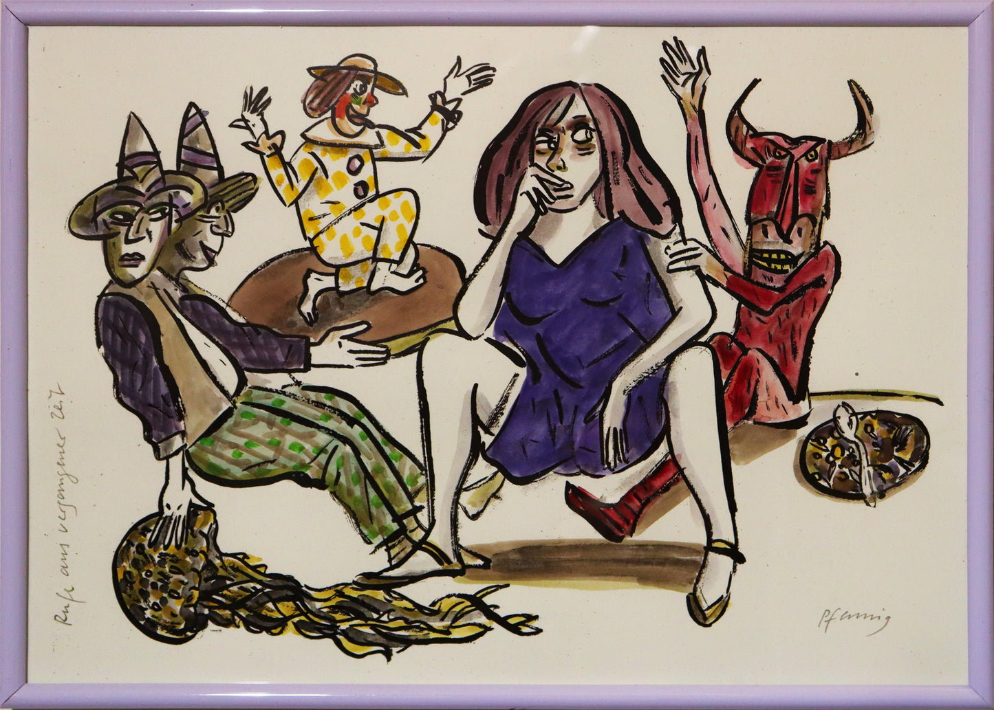 Original Mixed-Media-Malerei von Wolf-Dieter-Pfennig, Titel „Rufe aus vergangener Zeit“ – expressive Darstellung einer Frau, im violetten Kleid sitzend. Rechts neben ihr sitzt eine teufelartige Figur in rot, links eine weitere Figur mit zwei Köpfen und Hüten, dahinter ein Clown. Mixed Media auf Papier, signiert, erhältlich bei Galerie Waldbach, What the Artist Made