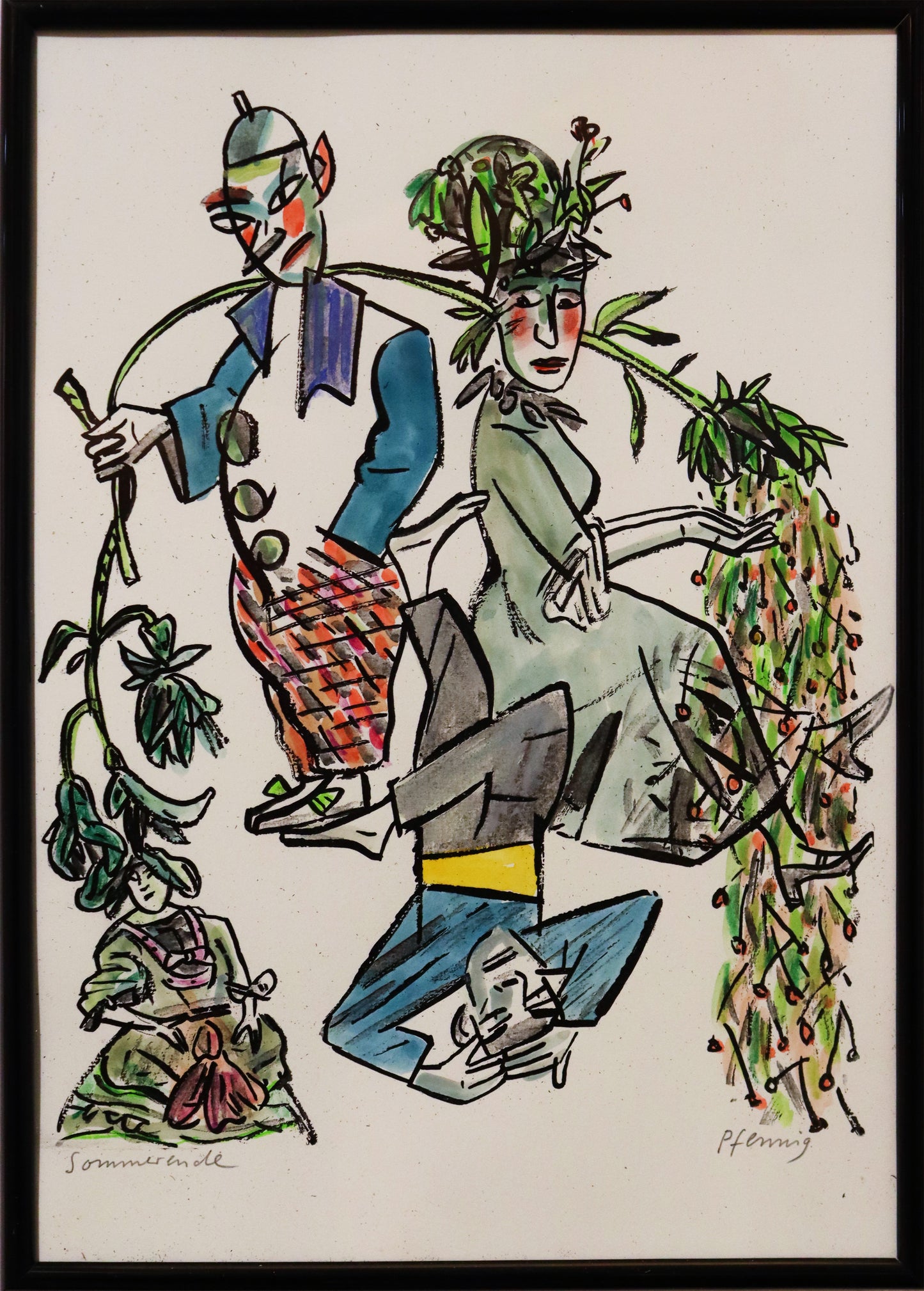 Original Mixed-Media-Malerei von Wolf-Dieter-Pfennig, Titel „Sommerwende“ – expressive Darstellung einer Personengruppe, Frau im Kleid mit Pflanzen als Kopfbedeckung, ihr ggü. ein Mann im Harlekinkostüm, große Blumen/Pflanzenstängel haltend. Unter beiden ein Mann liegend und eine Frau im grünen Kleid. Mixed Media auf Papier, signiert, erhältlich bei Galerie Waldbach, What the Artist Made