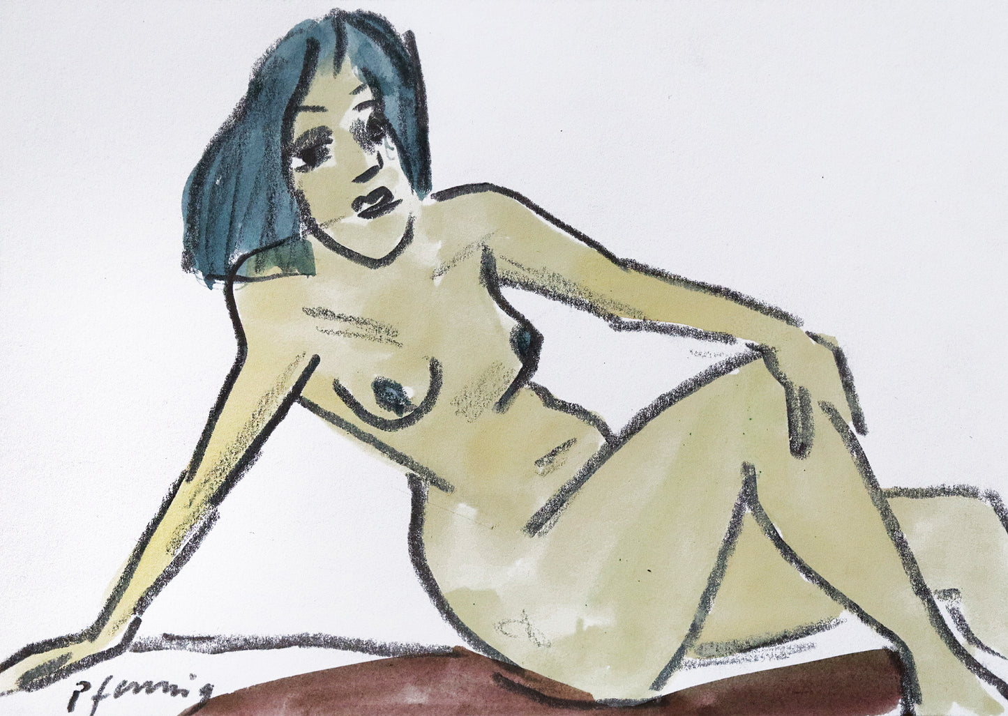 Original Mixed-Media-Malerei von Wolf-Dieter-Pfennig, ohne Titel – expressive Darstellung einer unbekleideten Frau, sitzend und posierend. Eine Hand auf dem angewinkelten Knie, der andere Arm hinter sich gestreckt. Mixed Media auf Papier, signiert, erhältlich bei Galerie Waldbach, What the Artist Made
