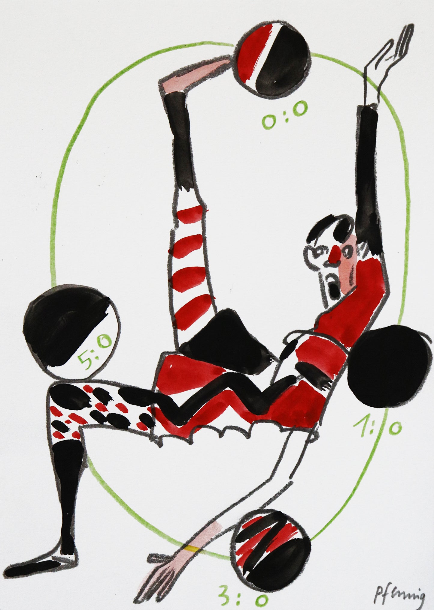Original Mixed-Media-Malerei von Wolf-Dieter-Pfennig, ohne Titel – expressive Darstellung eines Turners in Seitenansicht, spielende Person. Ein Bein ist senkrecht nach oben gerichtet, der Körper nach hinten gebeugt, zum Erreichen des Balls. Um die Person 4 Bälle und Zahlen zu Spielständen, in einem grünen Kreis. Mixed Media auf Papier, signiert, erhältlich bei Galerie Waldbach, What the Artist Made