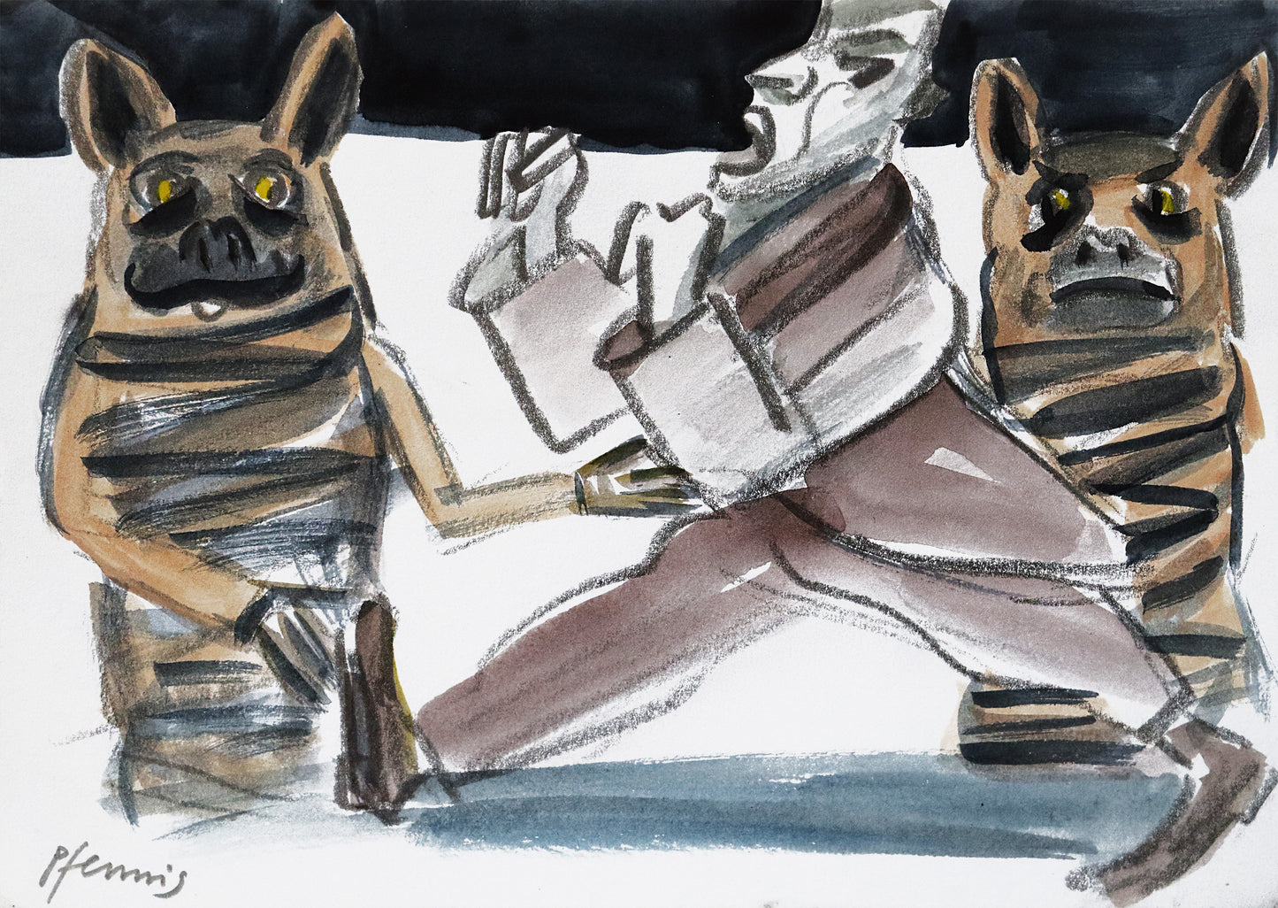 Original Mixed-Media-Malerei von Wolf-Dieter-Pfennig, ohne Titel – expressive Darstellung eines Mannes, die Fäuste zum Kampf erhoben, der Mund weit offen. Links und rechts von ihm zwei tierische Gestalten, wohl Hunde. Einer schaut freundlich, der andere wütend. Der Freundliche reicht ihm die Hand. Mixed Media auf Papier, signiert, erhältlich bei Galerie Waldbach, What the Artist Made