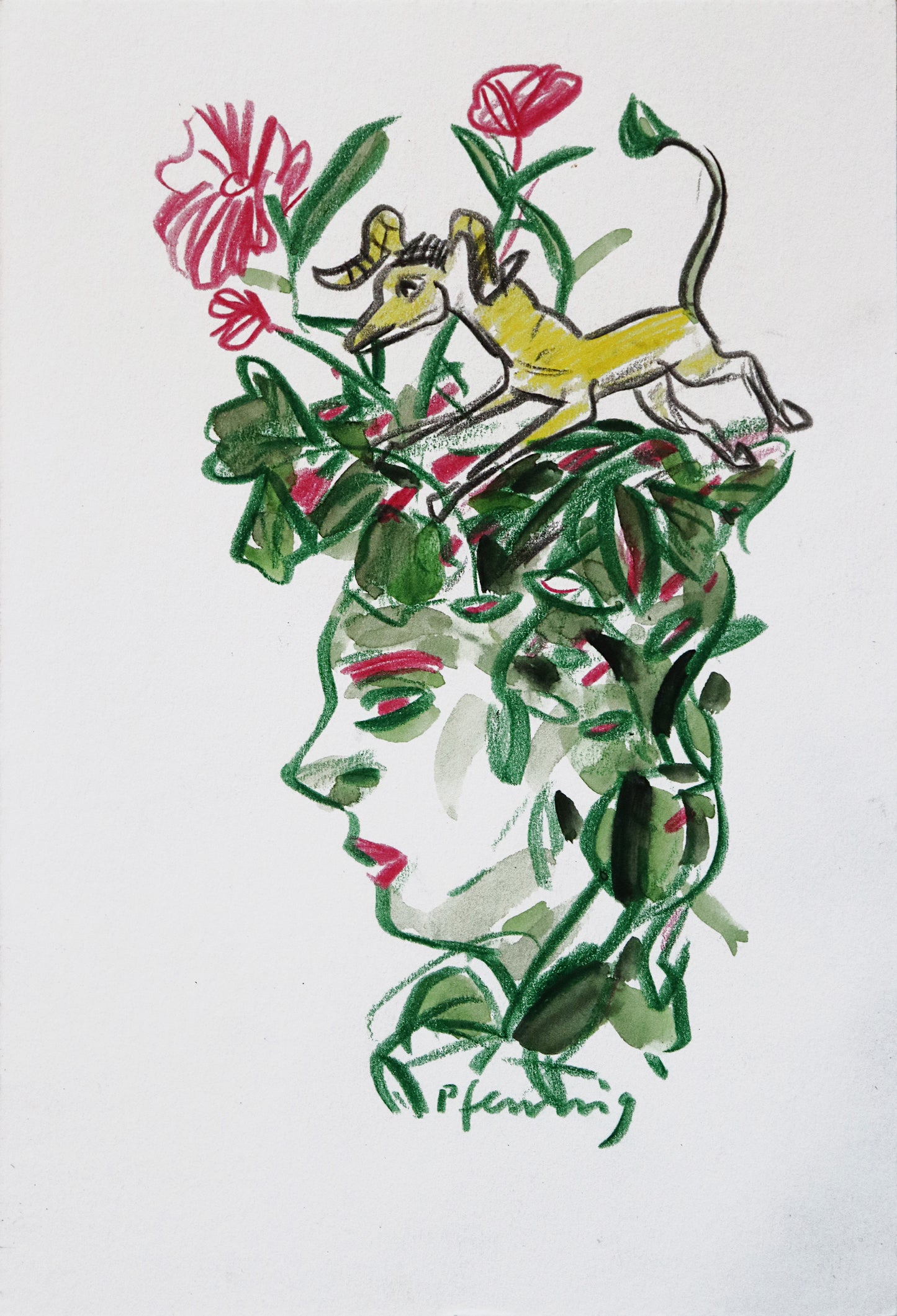 Original Mixed-Media-Malerei von Wolf-Dieter-Pfennig, ohne Titel – expressive Darstellung eines Frauenkopfes im Seitenprofil. Statt Haaren hat sie Pflanzen, in allen Formen, Blätter und Stängel, die auf dem Kopf verteilt sind. Ein dünner Schafs-/Ziegenbock rennt durch das Grün. In Grün-, Gelb- und Rottönen. Mixed Media auf Papier, signiert, erhältlich bei Galerie Waldbach, What the Artist Made
