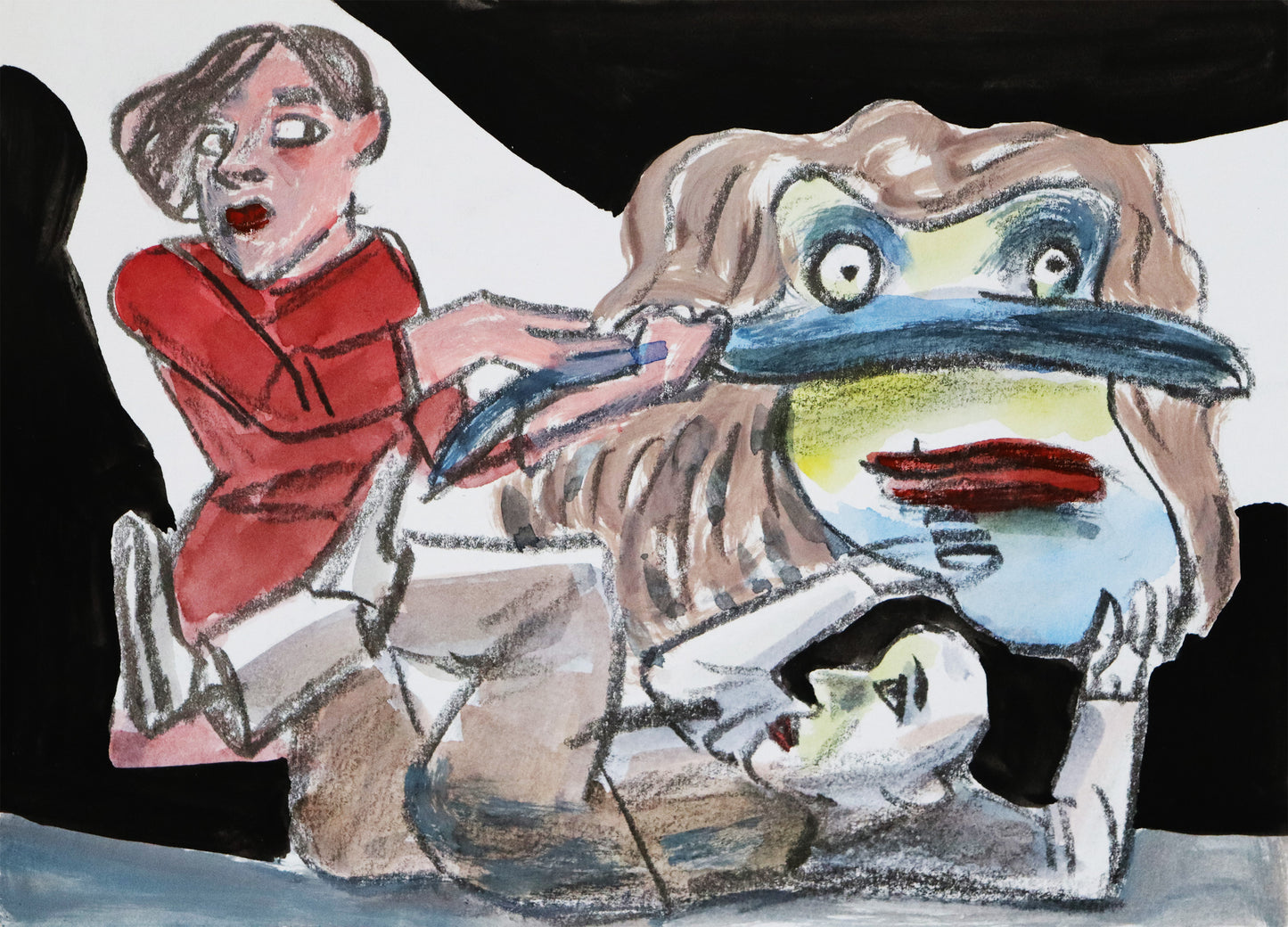 Original Mixed-Media-Malerei von Wolf-Dieter-Pfennig, ohne Titel – expressive Darstellung einer Frau, vor ihr ein mann liegend. Er stemmt ein großes Gesicht/Maske von sich weg. Mixed Media auf Papier, signiert, erhältlich bei Galerie Waldbach, What the Artist Made