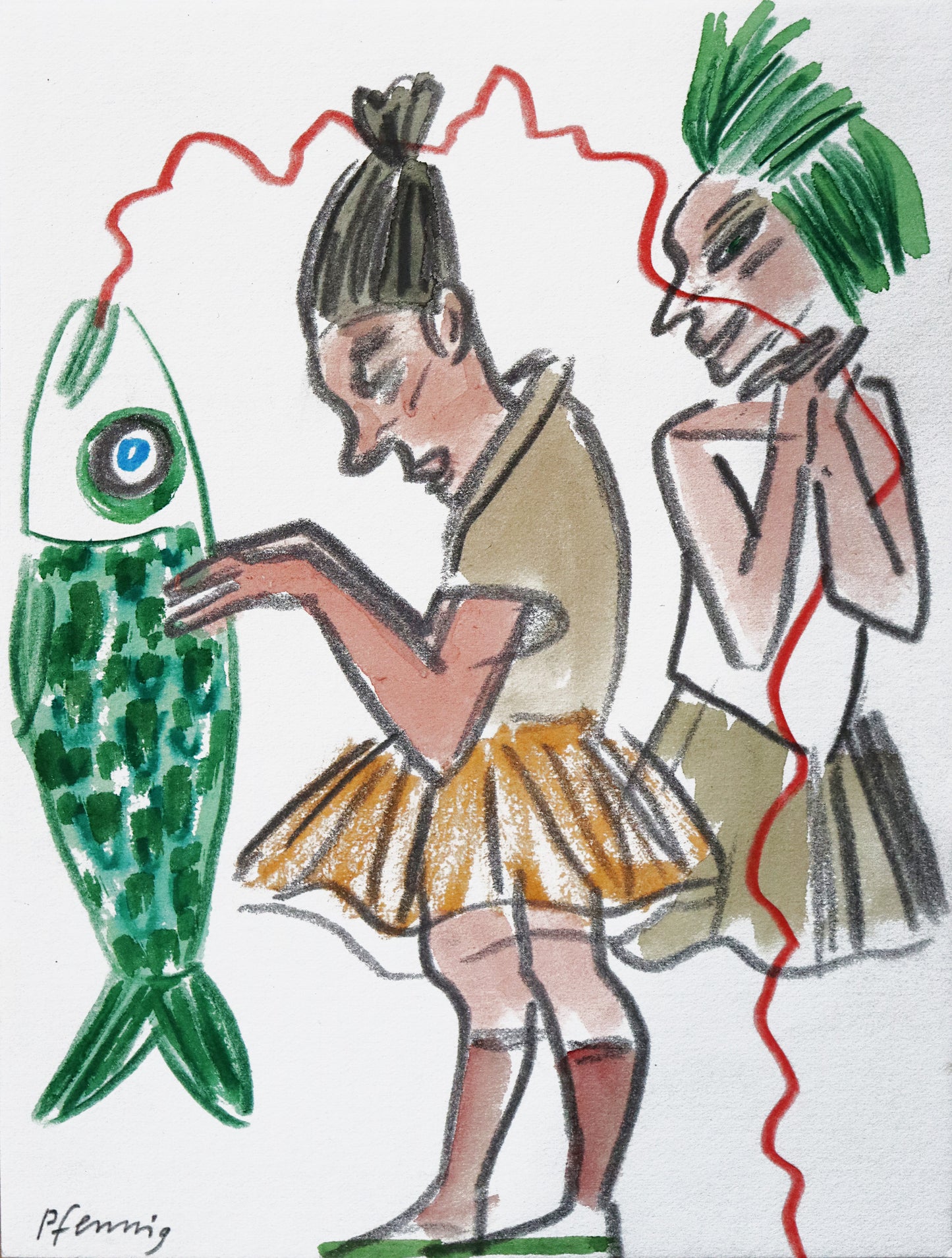 Original Mixed-Media-Malerei von Wolf-Dieter-Pfennig, ohne Titel – expressive Darstellung zweier Frauen, stehend. Die linke Frau hält einen grünen Fisch, aus dessen Maul ein roter Faden kommt, der die Frau umkreist und über der zweiten Frau liegt. Mixed Media auf Papier, signiert, erhältlich bei Galerie Waldbach, What the Artist Made