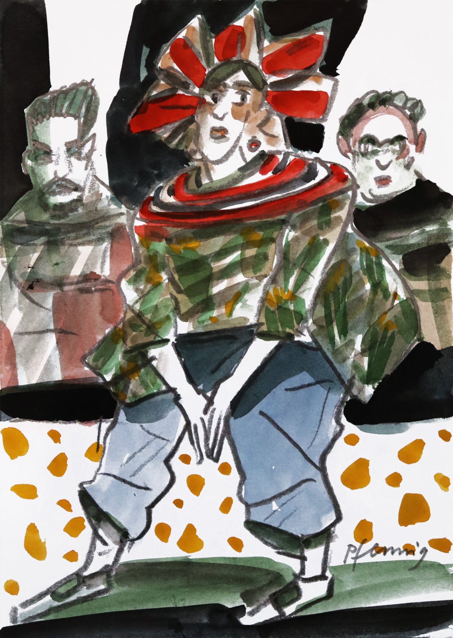 Original Mixed-Media-Malerei von Wolf-Dieter-Pfennig, ohne Titel – expressive Darstellung einer Frau, stehend und modisch gekleidet, vermutlich Frida Kahlo. Sie trägt einen großen roten Kopfschmuck, hinter ihr vermutlich Leo Trotzki und Nickolas Muray/ Heinz Berggruen. Mixed Media auf Papier, signiert, erhältlich bei Galerie Waldbach, What the Artist Made