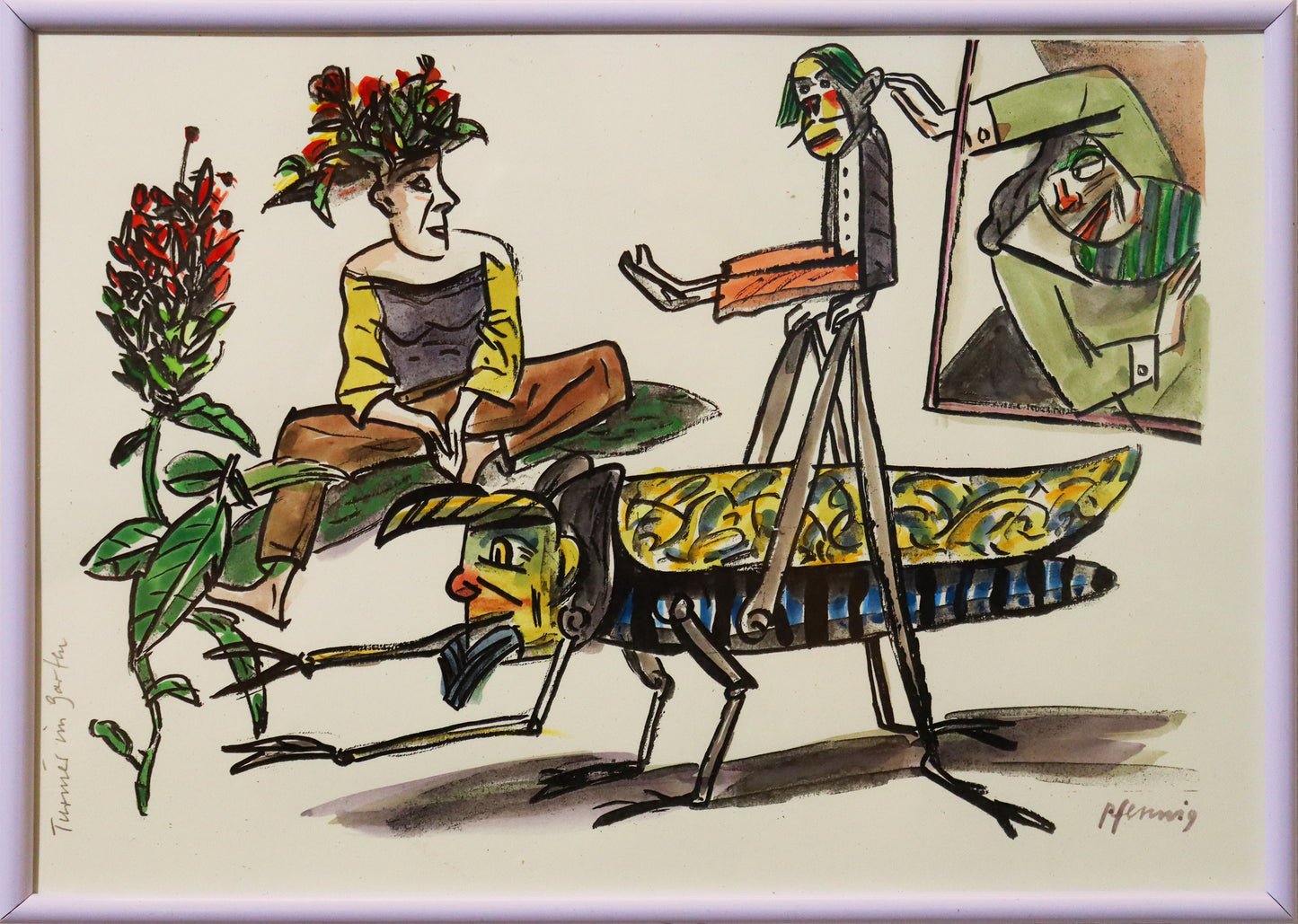 Original Mixed-Media-Malerei von Wolf-Dieter-Pfennig, Titel „Turnier im Garten“ – expressive Darstellung einer Heuschrecke mit menschlichem Gesicht, nach Pflanzen greifend, im Hintergrund eine Frau sitzend, mit Pflanzen als Haar. Zwei weitere Gestalten im rechten Teil des Bildes. In grün, gelb, rot, blau. Mixed Media auf Papier, signiert, erhältlich bei Galerie Waldbach, What the Artist Made