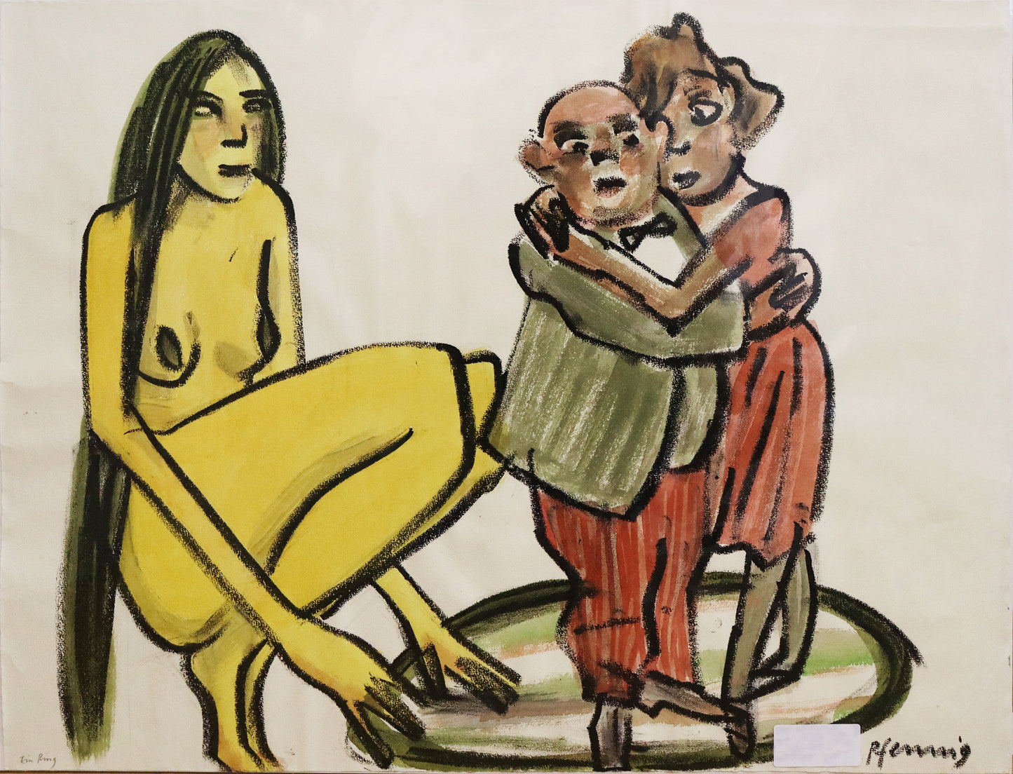 Original Mixed-Media-Malerei von Wolf-Dieter-Pfennig, Titel: „ein Ring“– expressive Darstellung eines Paares, sich umarmend, in einem Kreis stehend. Außerhalb des Kreises eine große nackte Frau in gelb mit langen Haaren, hockend. Mixed Media auf Papier, signiert, erhältlich bei Galerie Waldbach - What The Artist Made