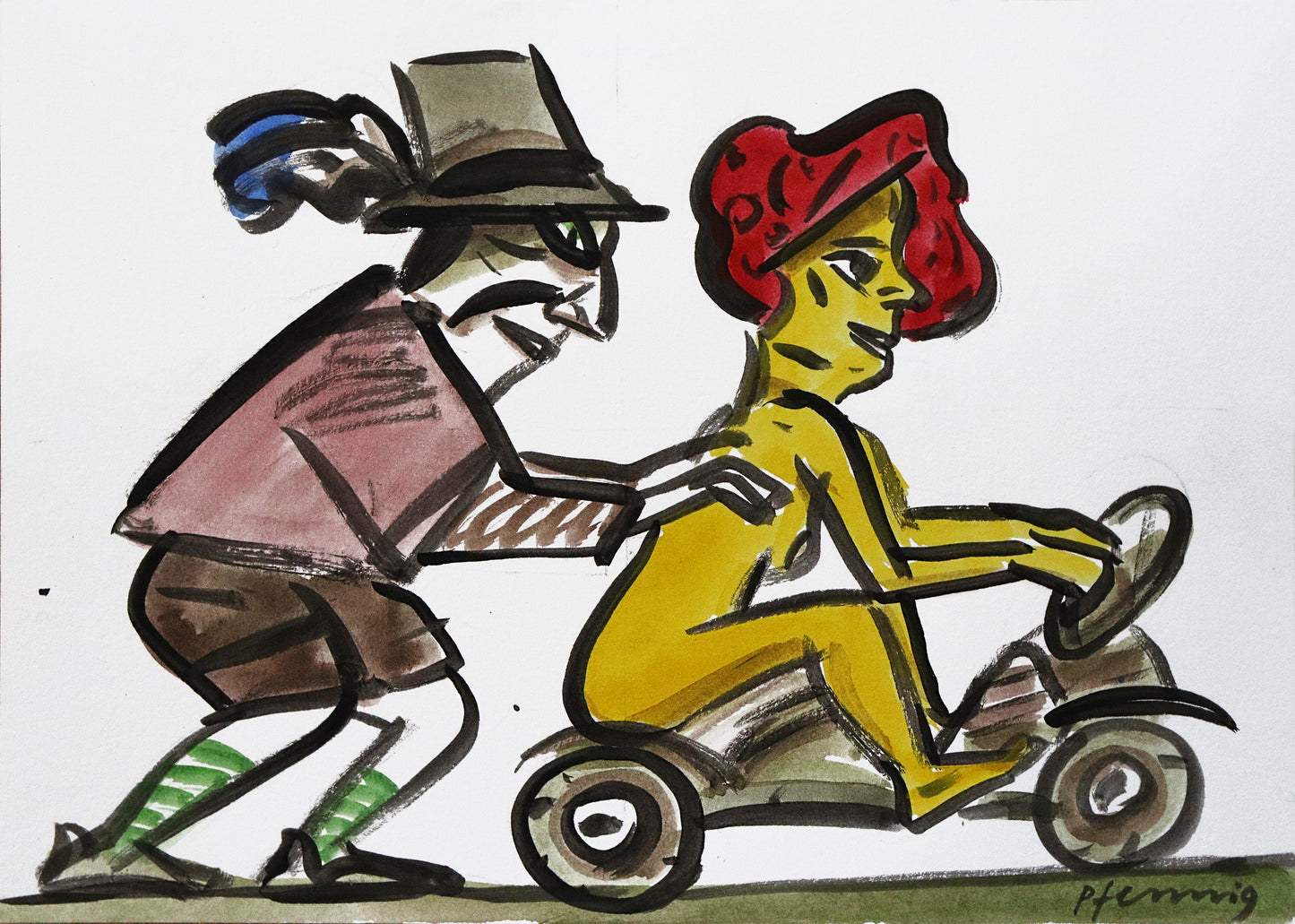 Original Mixed-Media-Malerei von Wolf-Dieter-Pfennig, ohne Titel – expressive Darstellung einer unbekleideten Frau mit roten Haaren, auf einem Moped oder Kinderauto sitzend. Hinter ihr ein Mann, in Trachtkleidung, sie anschiebend. Frau in gelb, alles weitere in Braun-und Grüntönen. Mixed Media auf Papier, signiert, erhältlich bei Galerie Waldbach, What the Artist Made