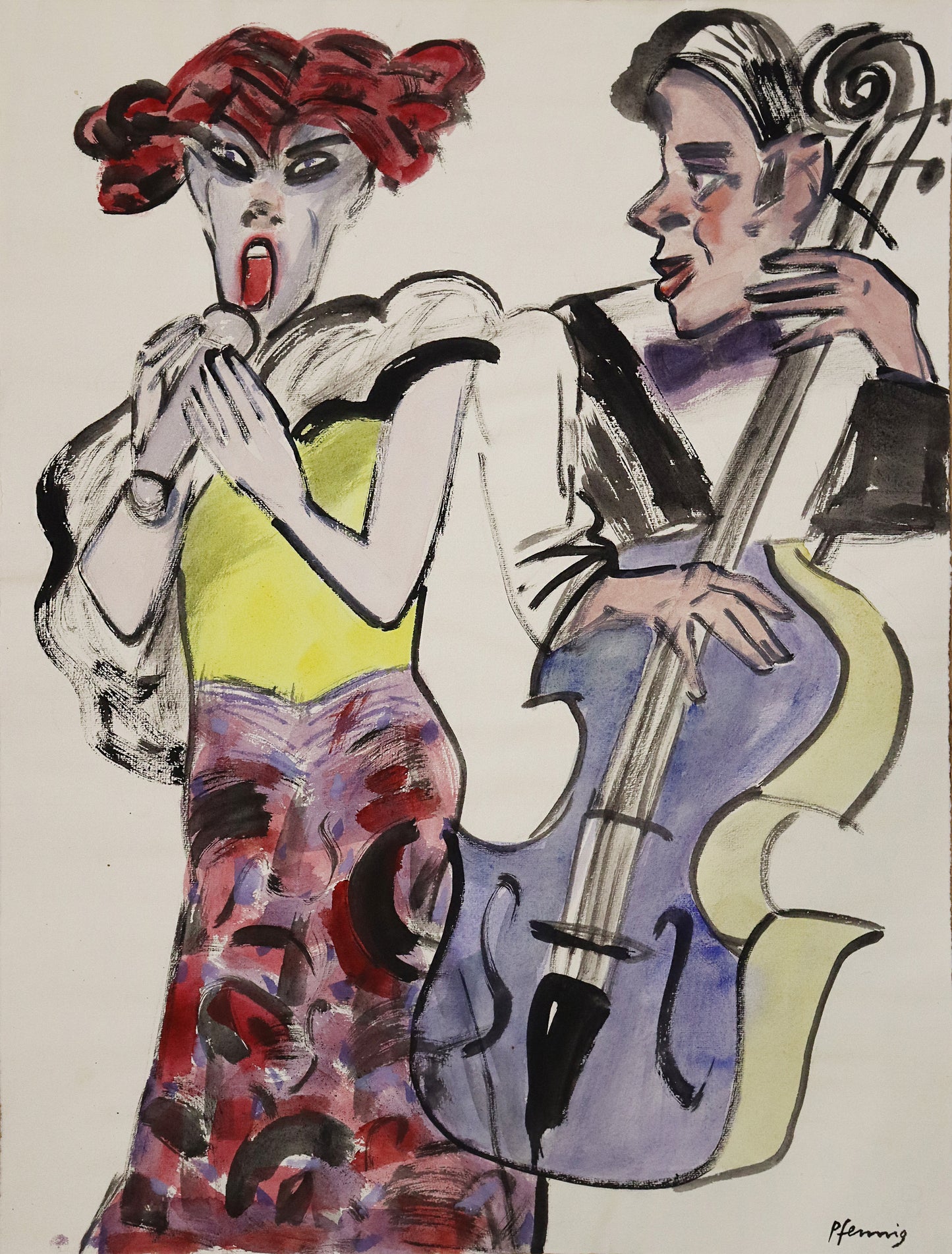 Original Mixed-Media-Malerei von Wolf-Dieter-Pfennig, ohne Titel – expressive Darstellung einer Sängerin im Kleid und eines Kontrabass-Spielers. Sie hält ein Mikrofon und blickt aus dem Bild, er schaut zu ihr. Mixed Media auf Papier, signiert, erhältlich bei Galerie Waldbach, What the Artist Made