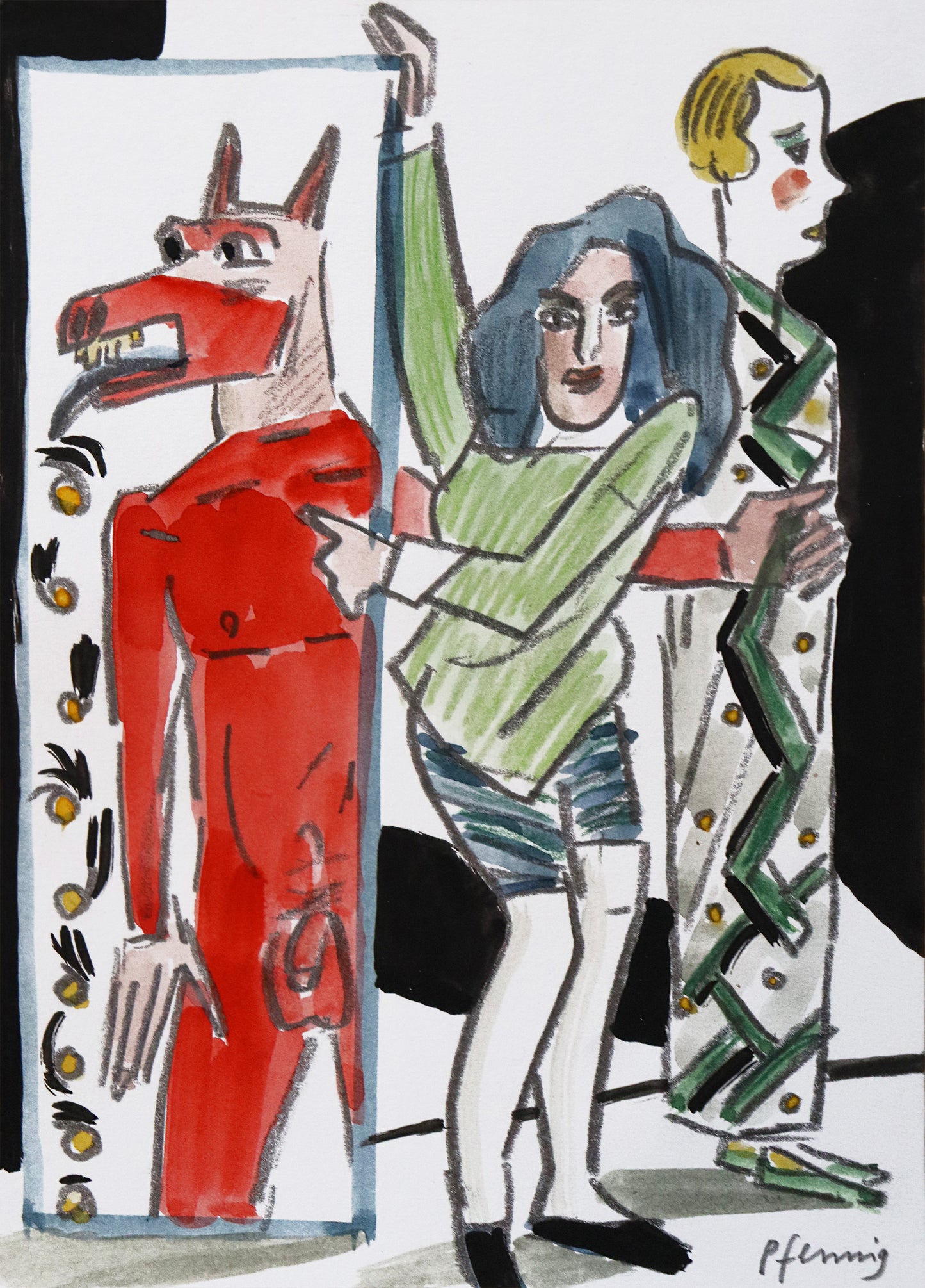 Original Mixed-Media-Malerei von Wolf-Dieter-Pfennig, ohne Titel – expressive Darstellung einer Frau, die einen Spiegel hält und zum Betrachter blickt, hinter hier eine Person im Kimono, die zur Seite schaut. Im Spiegel ist eine rote unbekleidete Gestalt zu sehen, ähnlich einem Dämon oder Mischwesen mit Tierkopf. Sie spuckt Goldmünzen aus. Mixed Media auf Papier, signiert, erhältlich bei Galerie Waldbach, What the Artist Made