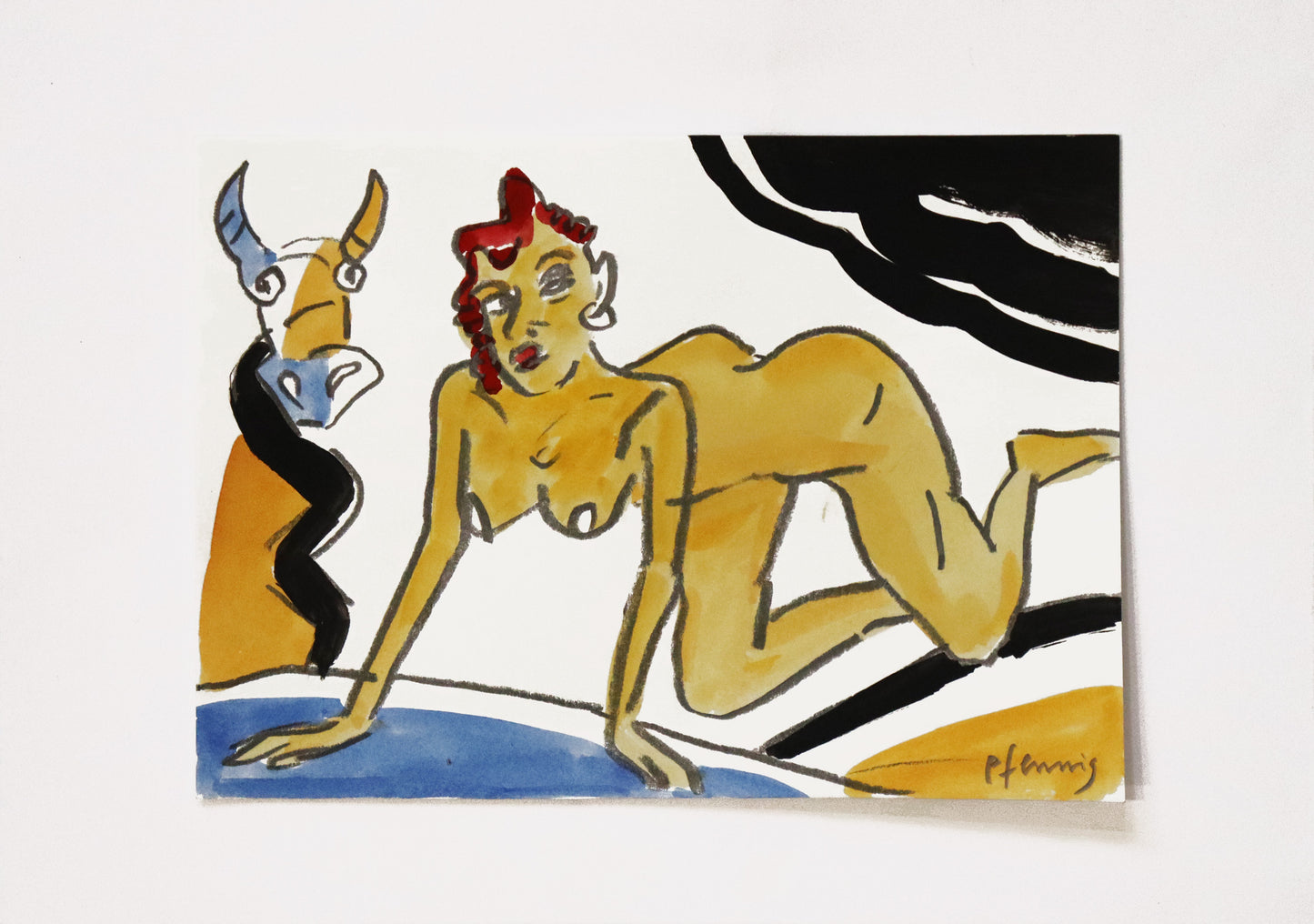 Original Mixed-Media-Malerei von Wolf-Dieter-Pfennig, ohne Titel – expressive Darstellung einer unbekleideten Frau knieend, auf den Händen gestützt, zur Seite schauend. Links neben ihr ein Stierkopf, In Gelb, Orange und Blau, mit schwarzen Akzenten. Mixed Media auf Papier, signiert, erhältlich bei Galerie Waldbach, What the Artist Made