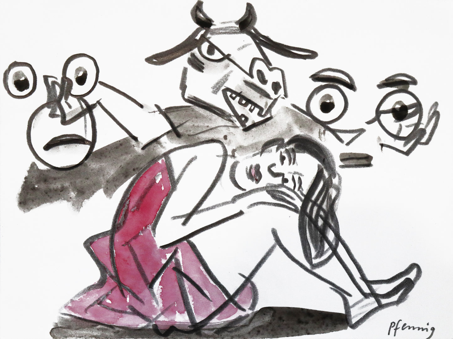 Original Mixed-Media-Malerei von Wolf-Dieter-Pfennig, ohne Titel – expressive Darstellung einer Frau, im rosa Kleid sitzend, den Kopf auf die Knie gelegt. Im Hintergrund der Kopf einer Kuh, mit menschlichen Armen ausgestreckt, darin Gesichter angedeutet. Mixed Media auf Papier, signiert, erhältlich bei Galerie Waldbach, What the Artist Made