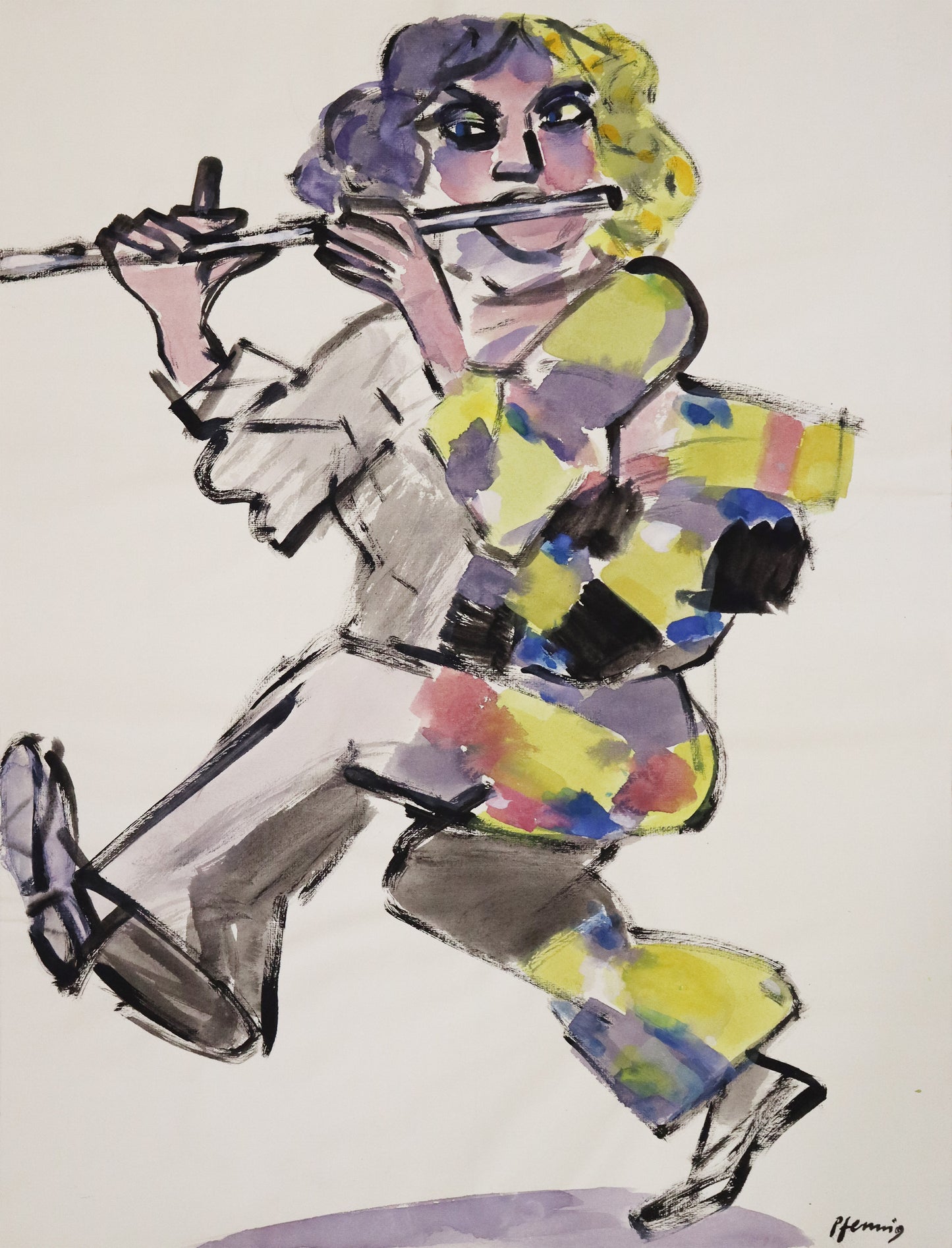 Original Mixed-Media-Malerei von Wolf-Dieter-Pfennig, ohne Titel – expressive Darstellung eines Musikers in buntem Kostüm, eine Querflöte spielend. Er hebt das Bein an und tanzt beim Spielen. Mixed Media auf Papier, signiert, erhältlich bei Galerie Waldbach, What the Artist Made