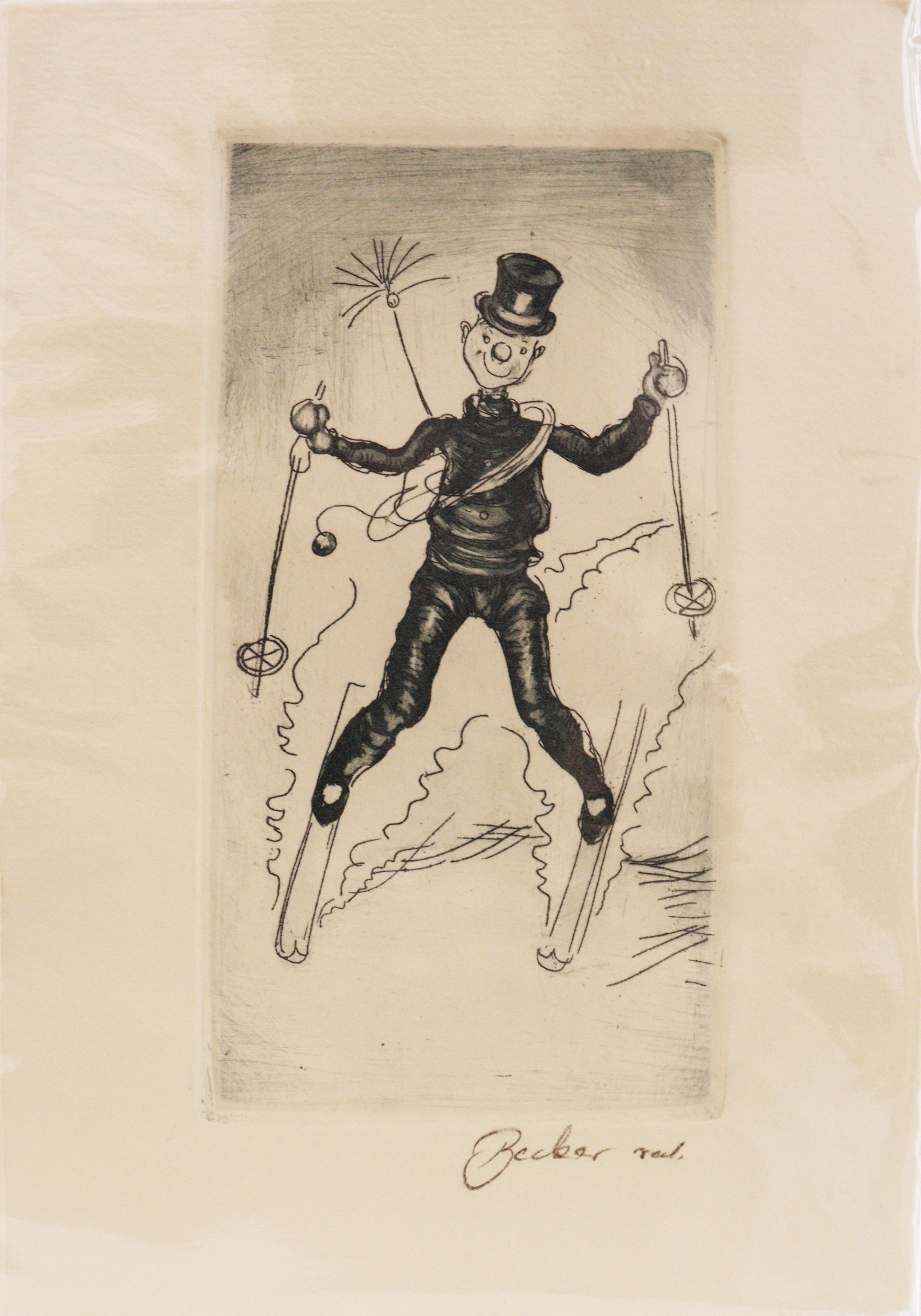 Radierung, signiert von Becker  – Radierung auf Büttenpapier mit Büttenrand, Darstellung eines Schornsteinfegers, teilweise comic-haft, illustriert. Er fährt Ski, die Stellung der Beine wie einen Hang herabfahrend. Unterhalb der Radierung Signatur. Erhältlich bei Galerie Waldbach - What The Artist Made